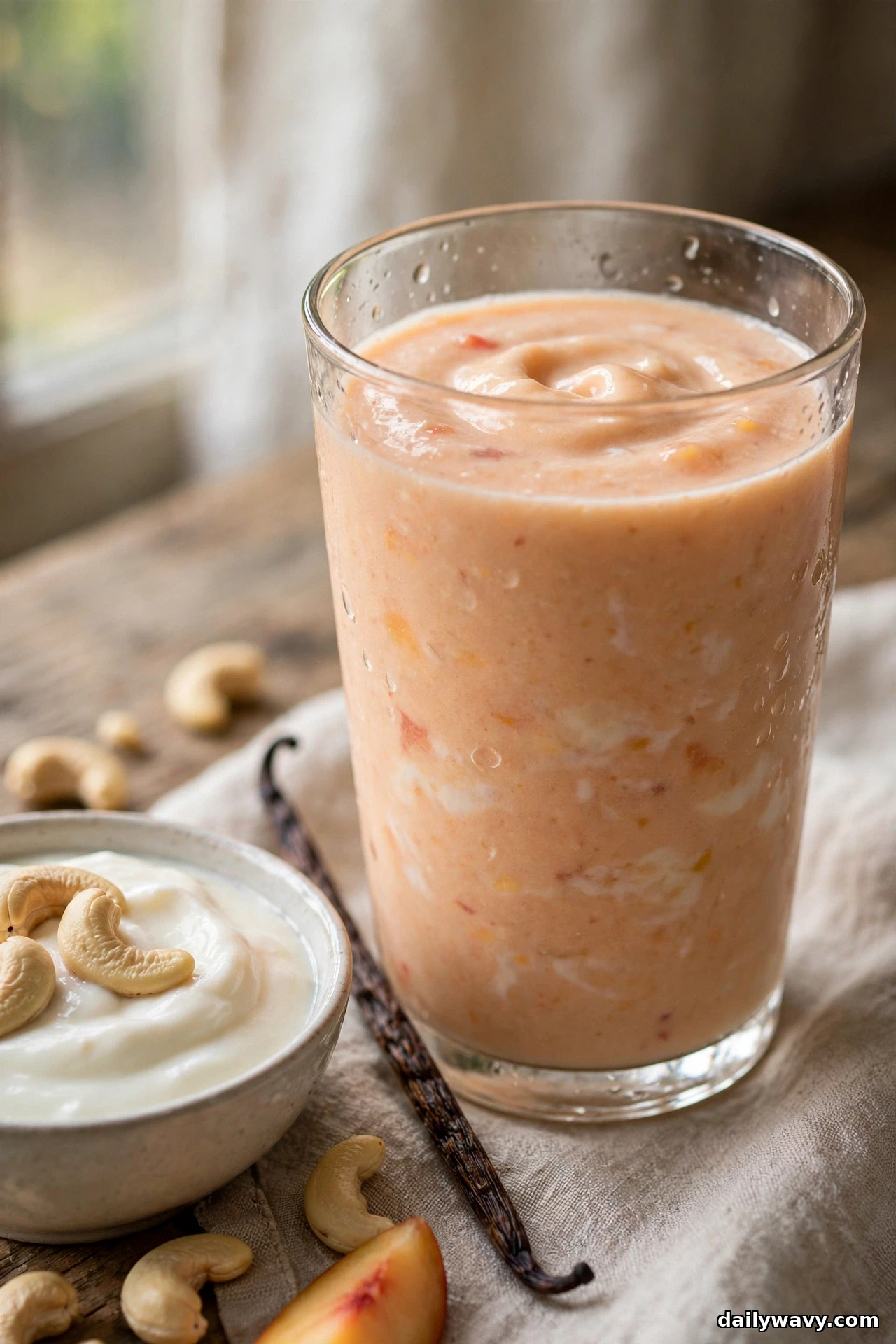 A glass of pale peach smoothie with condensation on the glass stands on a linen cloth beside a small bowl of yogurt and a vanilla pod, with a fresh peach slice in front