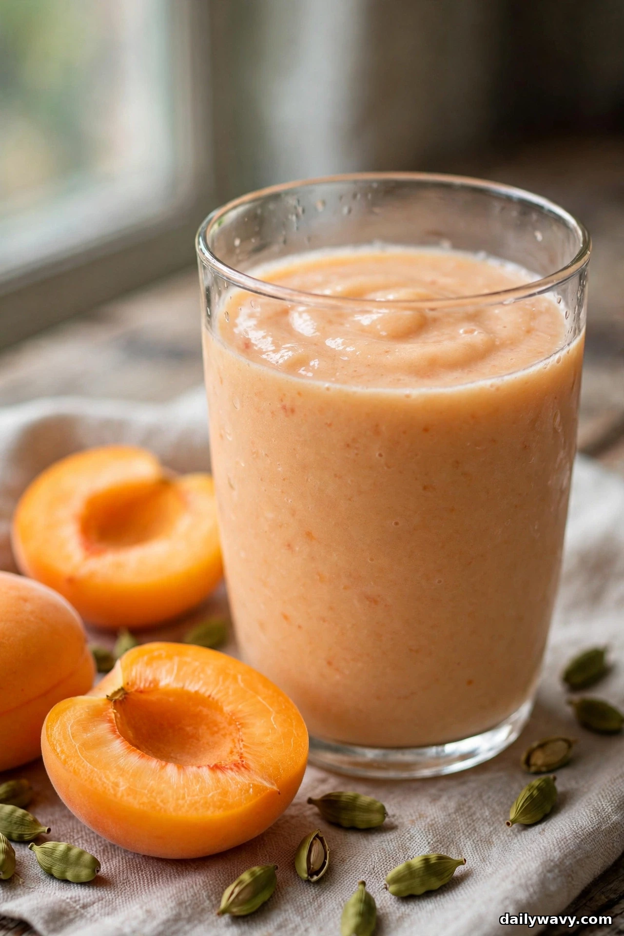 A glass of peach smoothie stands on a linen cloth with halved fresh apricots and green cardamom pods scattered around it