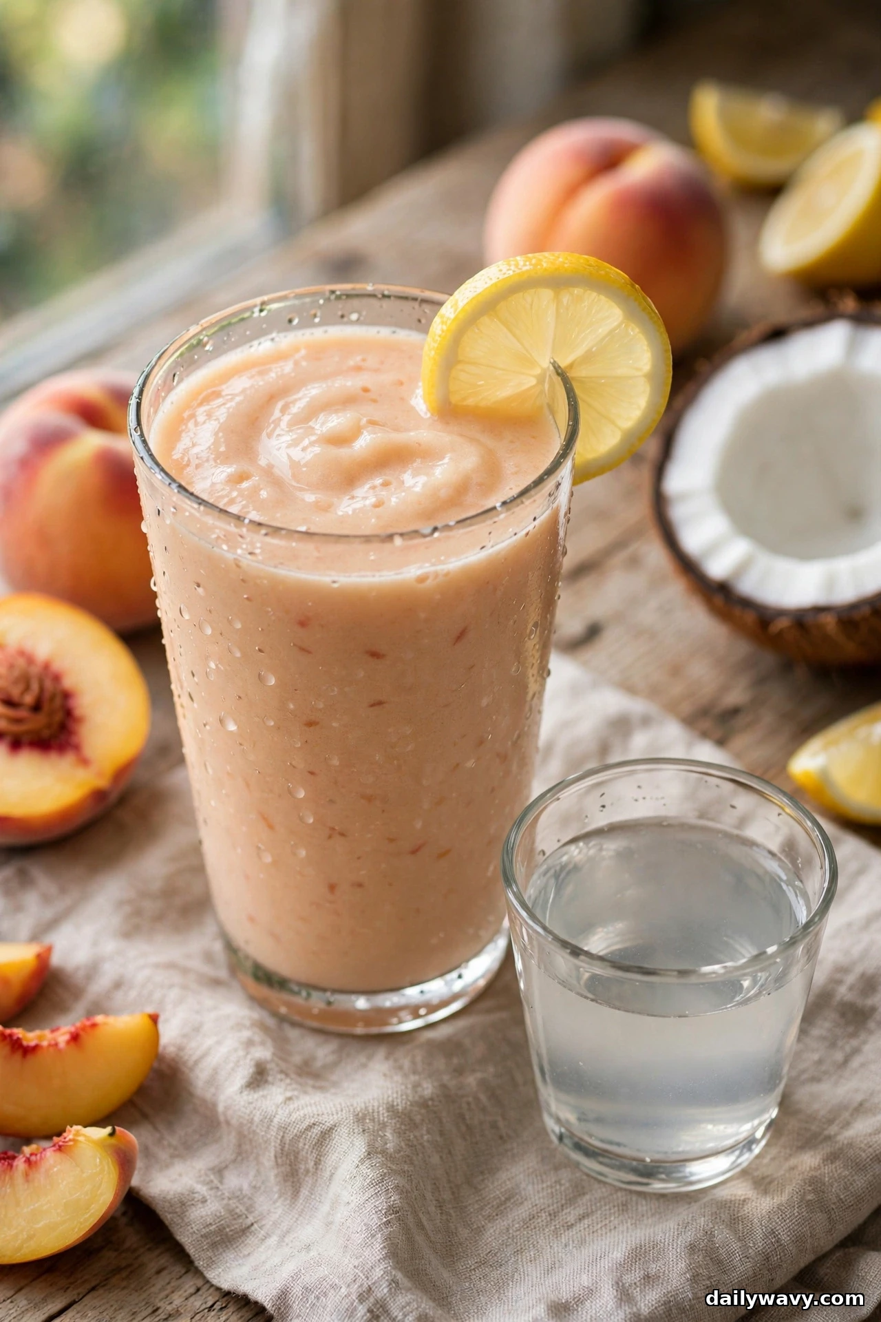 A glass of peach smoothie with a lemon wheel on the rim stands on a linen cloth beside a small glass of coconut water, with peaches, lemon wedges and a halved coconut behind it