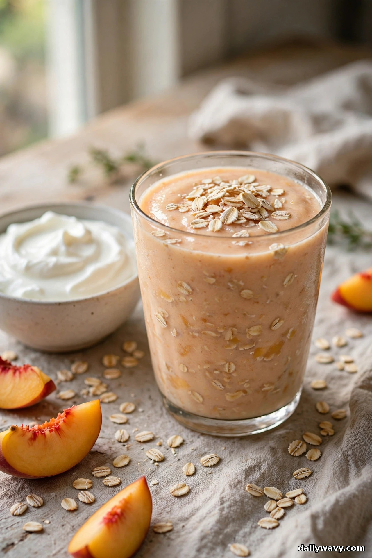A glass of peach smoothie topped with rolled oats stands on a linen cloth beside a bowl of Greek yogurt, with peach wedges and scattered oats around it