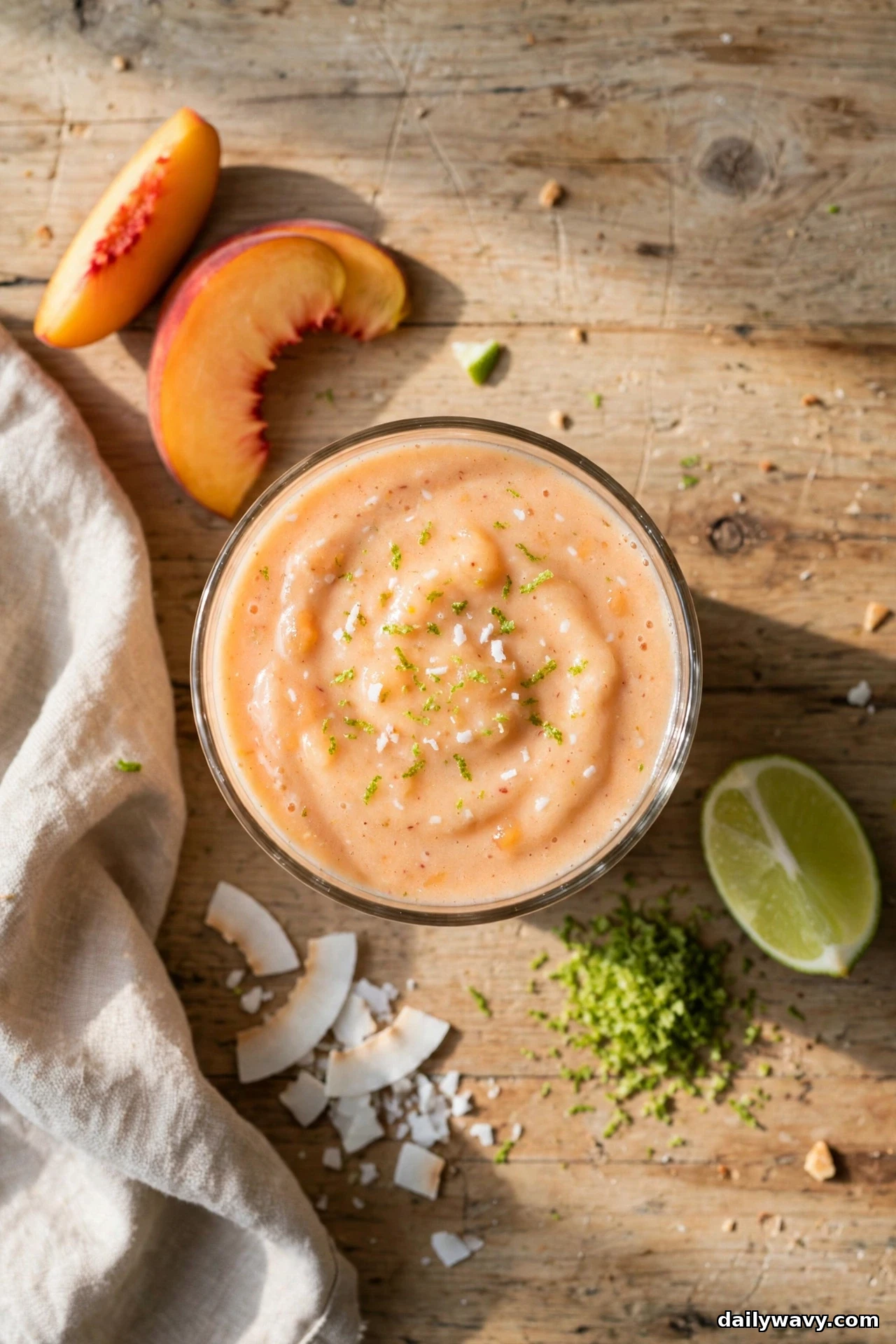 An overhead view shows a glass of peach smoothie sprinkled with lime zest on a wooden table, with peach wedges, a pile of grated lime zest and a lime half beside it