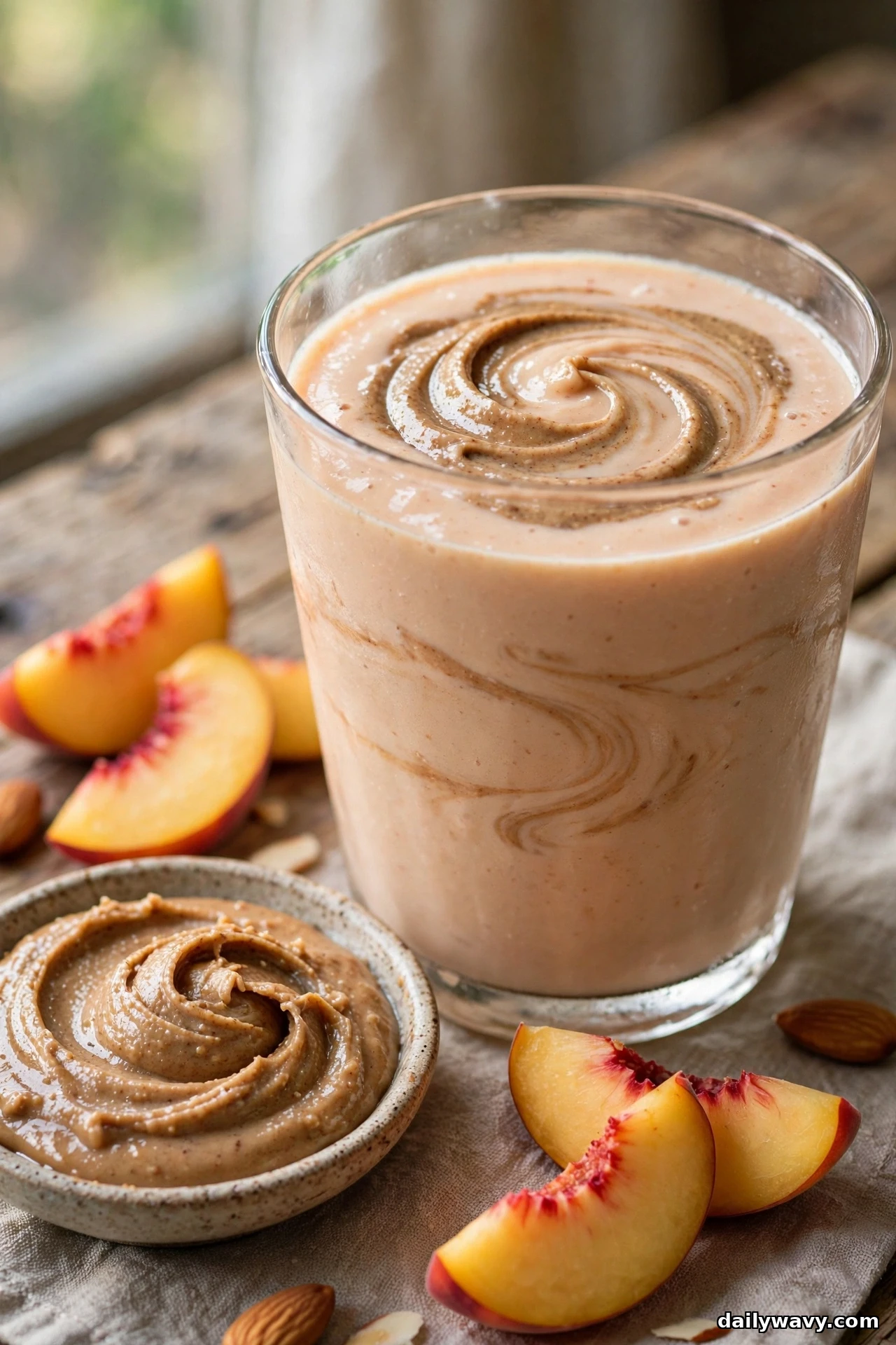 A glass of peach smoothie with almond butter swirled over the top and through the sides stands beside a small dish of almond butter and fresh peach wedges on a linen cloth
