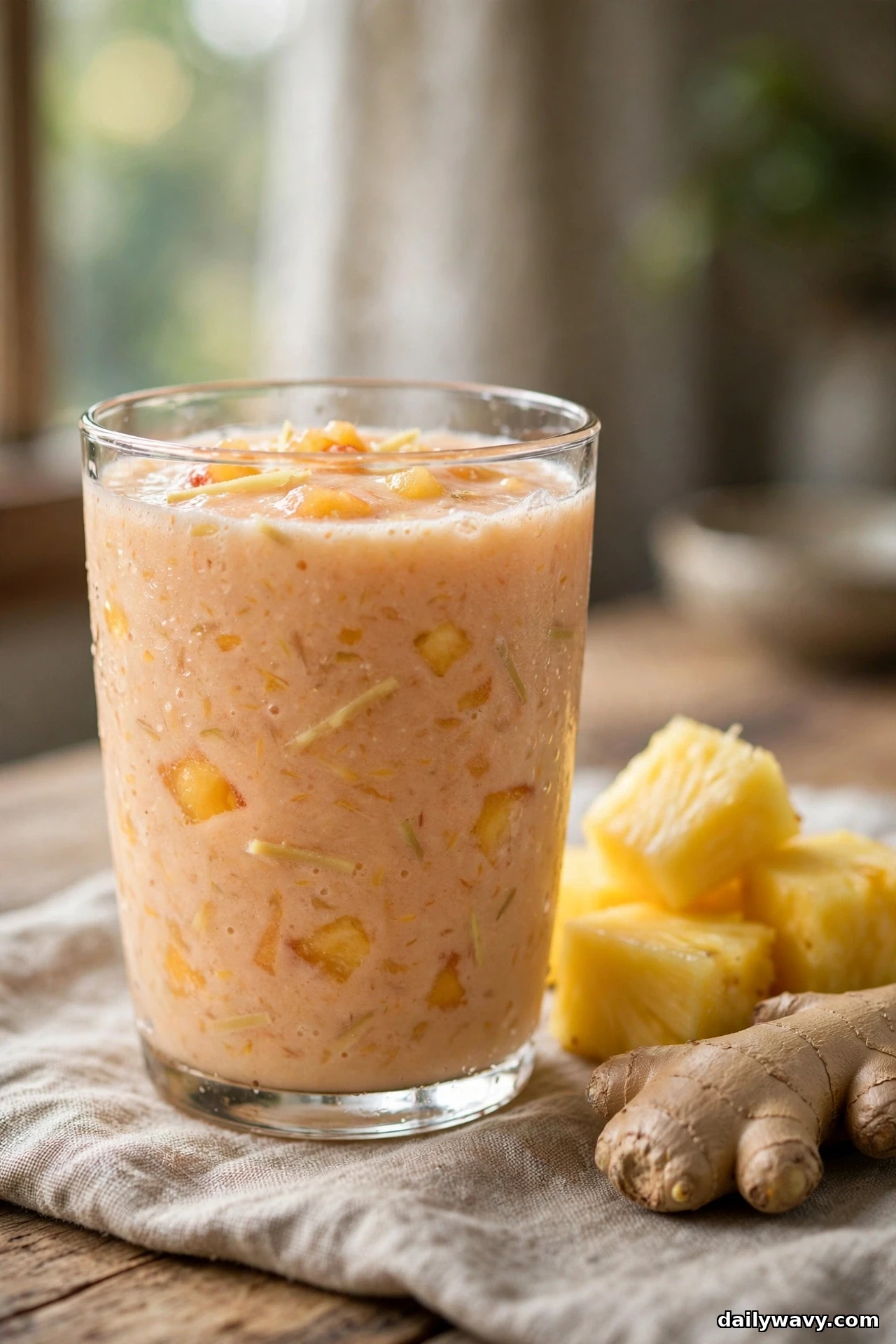 A glass of peach smoothie with visible fruit pieces stands on a linen cloth beside fresh pineapple chunks and a piece of ginger root