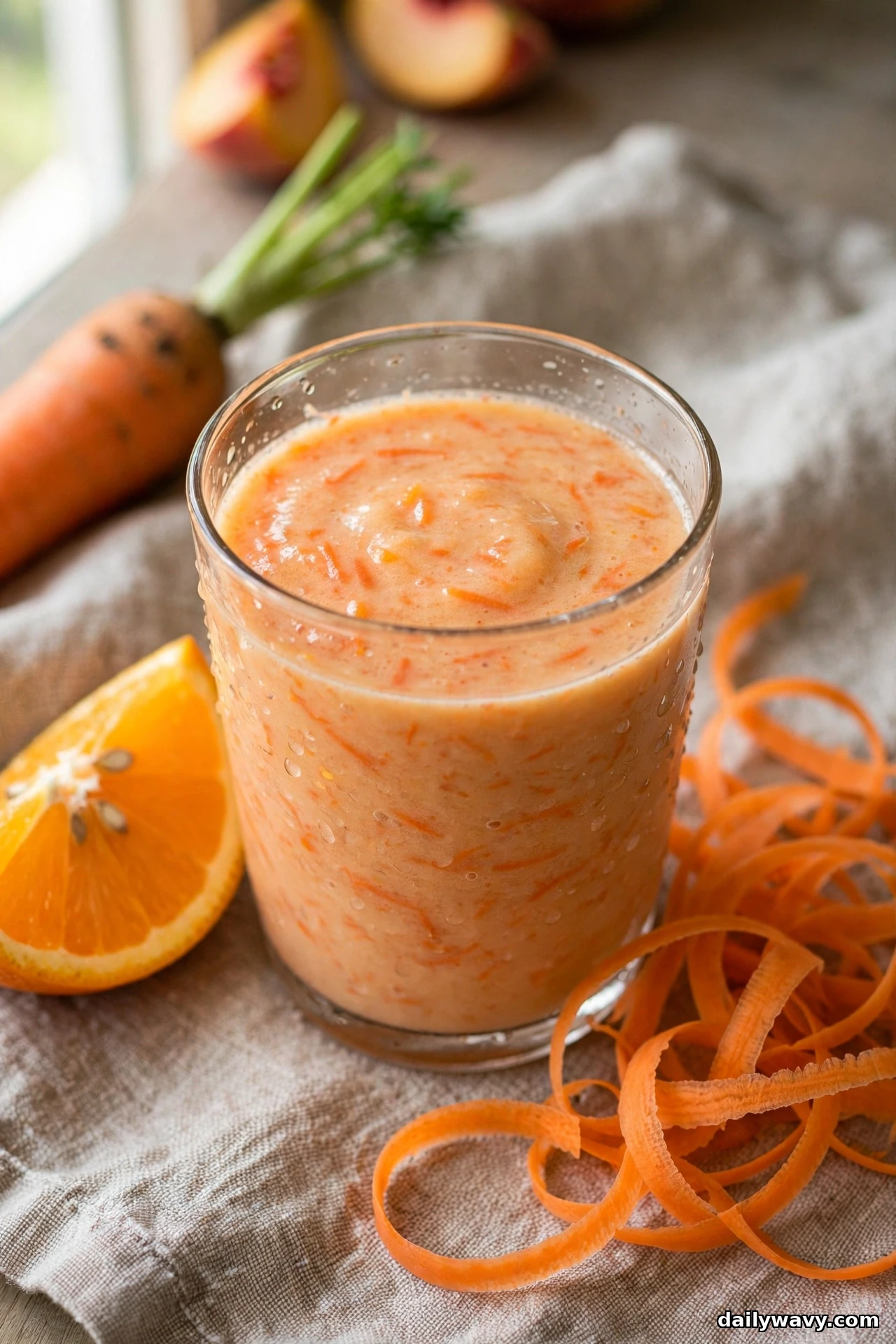 A glass of peach smoothie with fine carrot shreds visible through the glass stands on a linen cloth beside a halved orange, a whole carrot and a pile of carrot peel curls