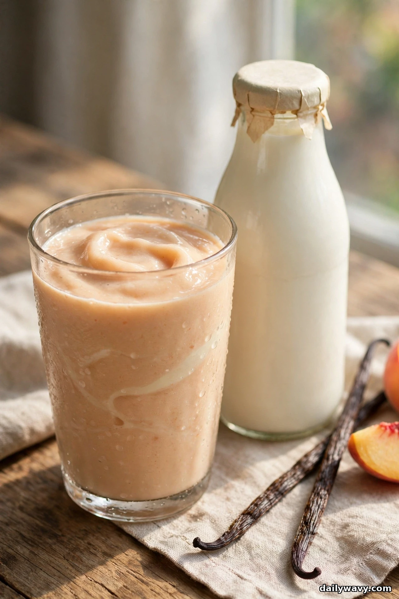 A glass of pale peach smoothie stands on a linen cloth beside a capped bottle of kefir, two vanilla pods and a fresh peach wedge