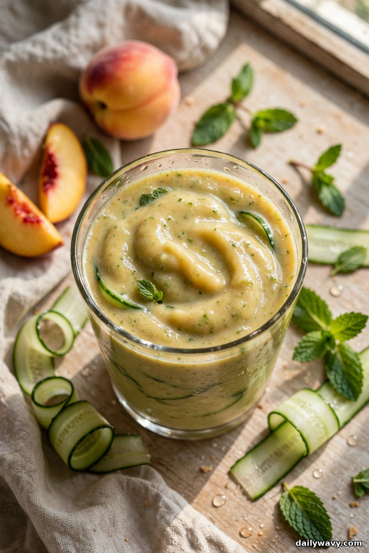 A glass of peach smoothie flecked with mint stands on a wooden board surrounded by curled cucumber ribbons, fresh mint leaves and a whole peach
