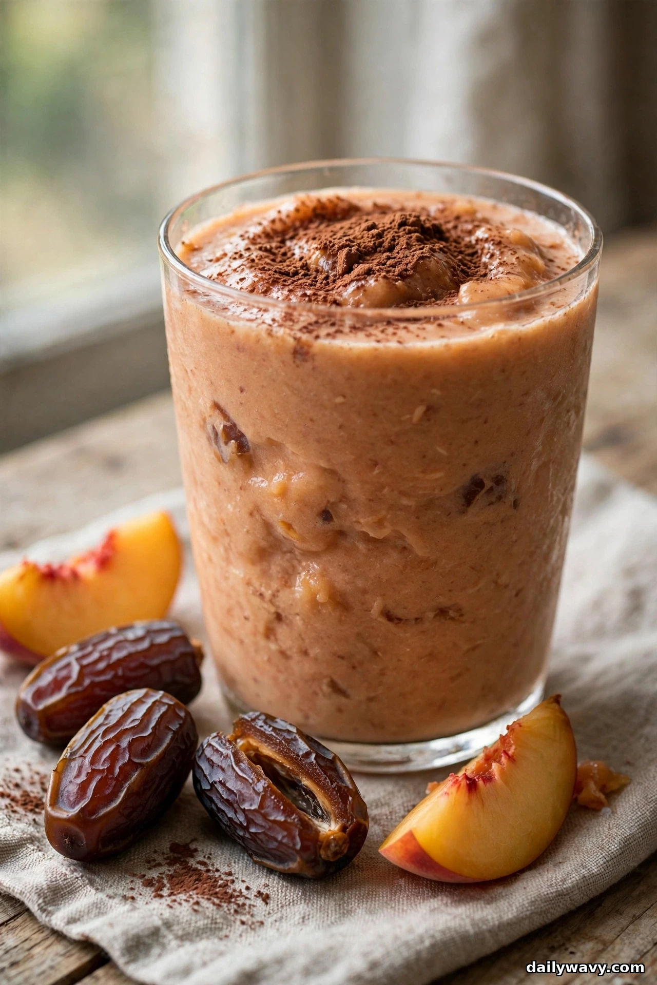 A glass of peach smoothie dusted with cocoa powder on top stands on a linen cloth with Medjool dates and fresh peach wedges in front of it