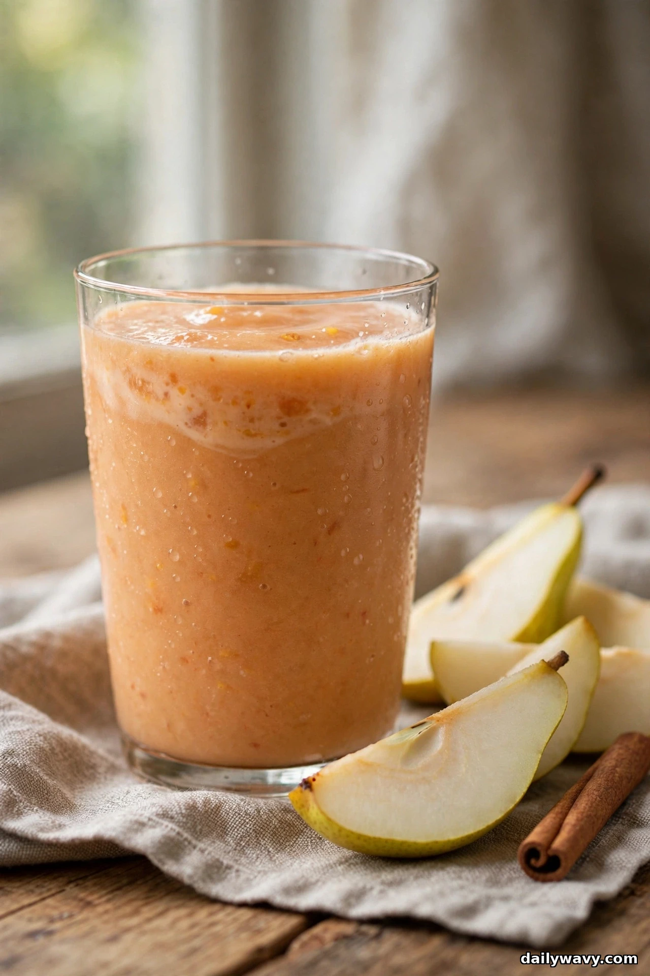 A glass of peach smoothie stands on a linen cloth beside fresh pear wedges and a cinnamon stick