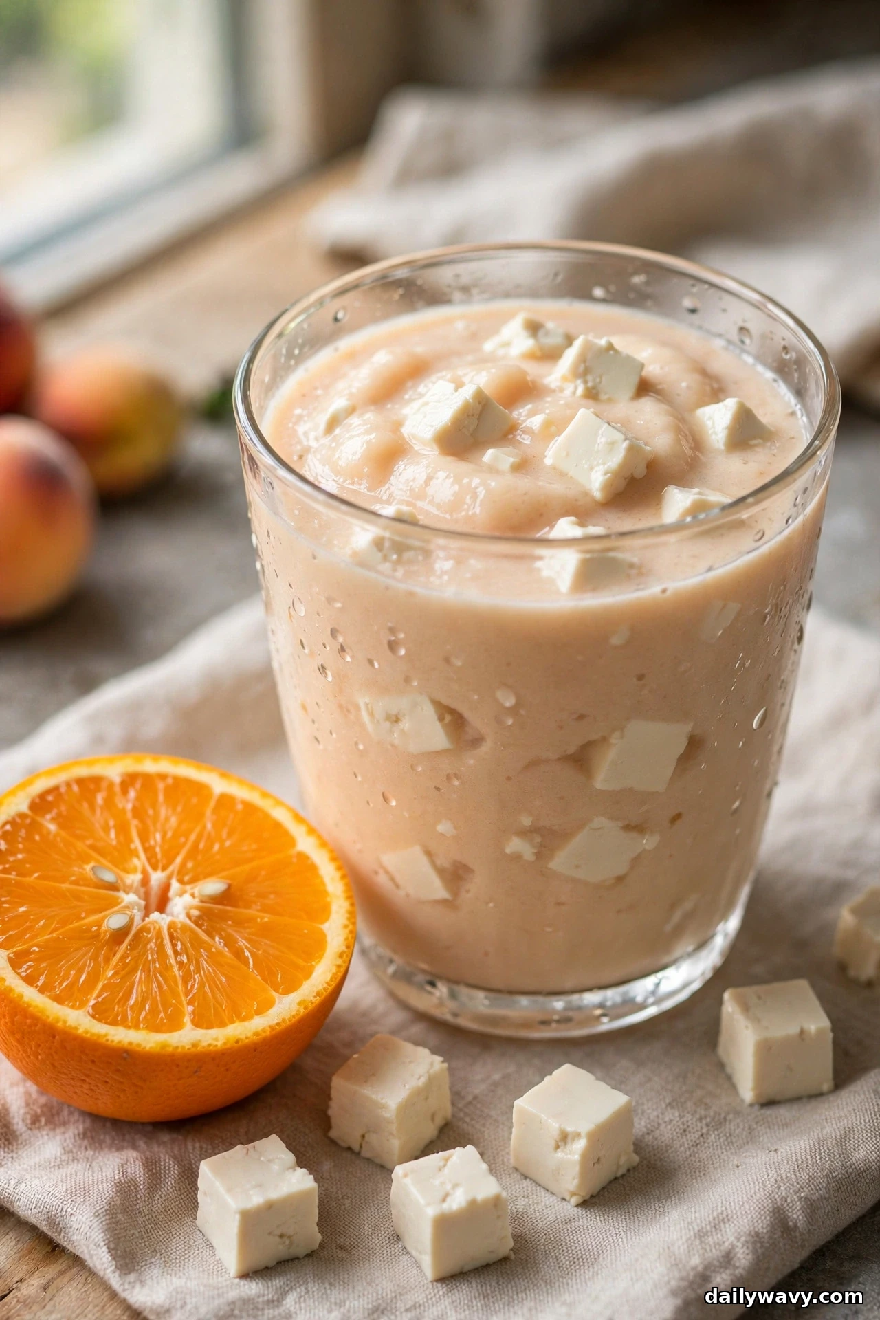 A glass of pale peach smoothie with white tofu cubes visible in the drink and scattered on the cloth beside it stands next to a halved orange