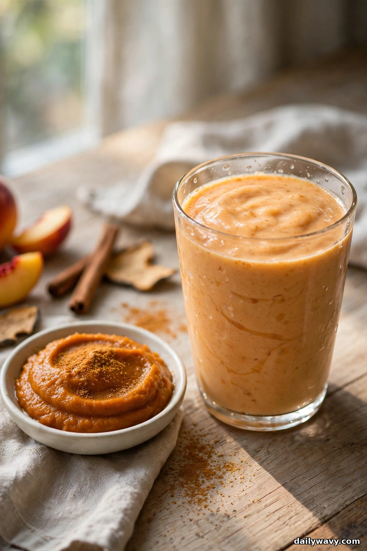 A glass of peach smoothie stands on a wooden table beside a small dish of pumpkin puree dusted with spice, with cinnamon sticks and peach wedges behind it