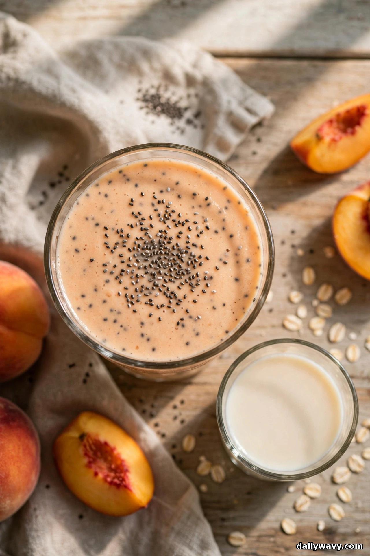 An overhead view shows a glass of peach smoothie topped with chia seeds on a wooden table, with a small glass of oat milk and fresh peaches beside it