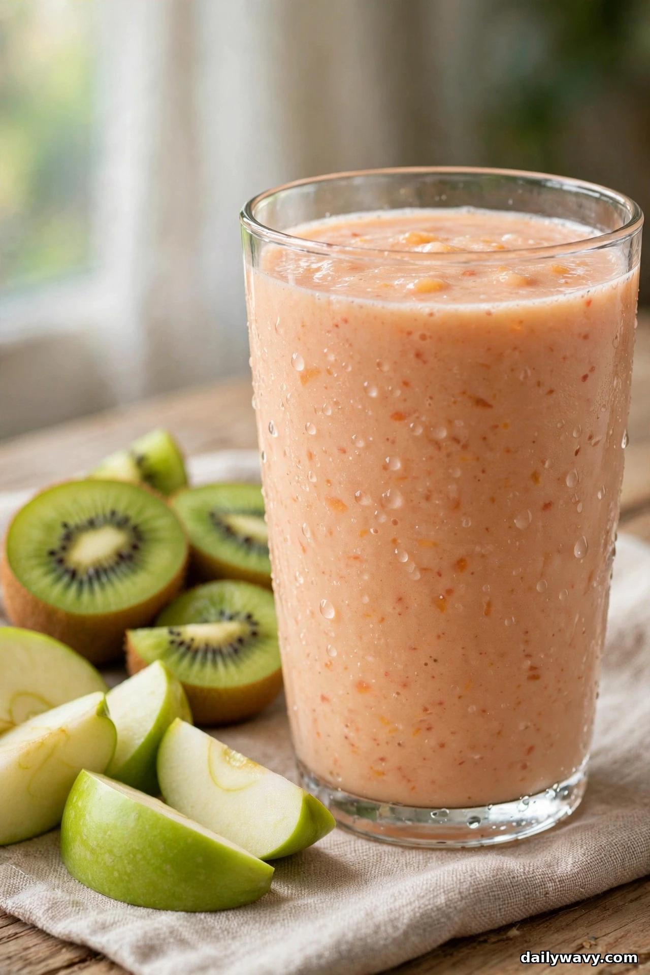 A glass of peach smoothie with condensation on the glass stands on a linen cloth beside halved kiwis and green apple wedges