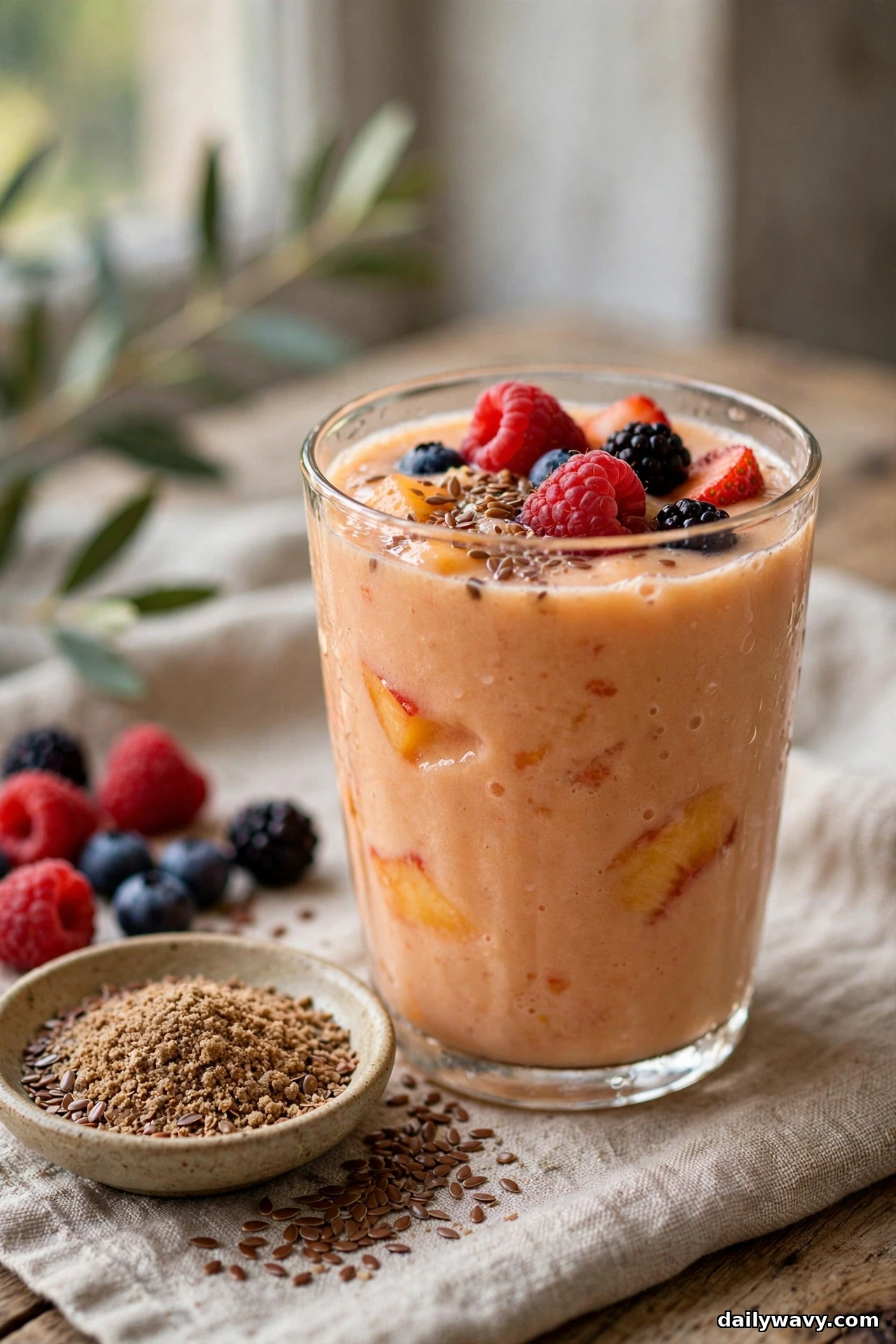 A glass of peach smoothie topped with raspberries, blackberries, blueberries, a strawberry slice and flax seeds stands beside a small dish of ground flaxseed and more fresh berries