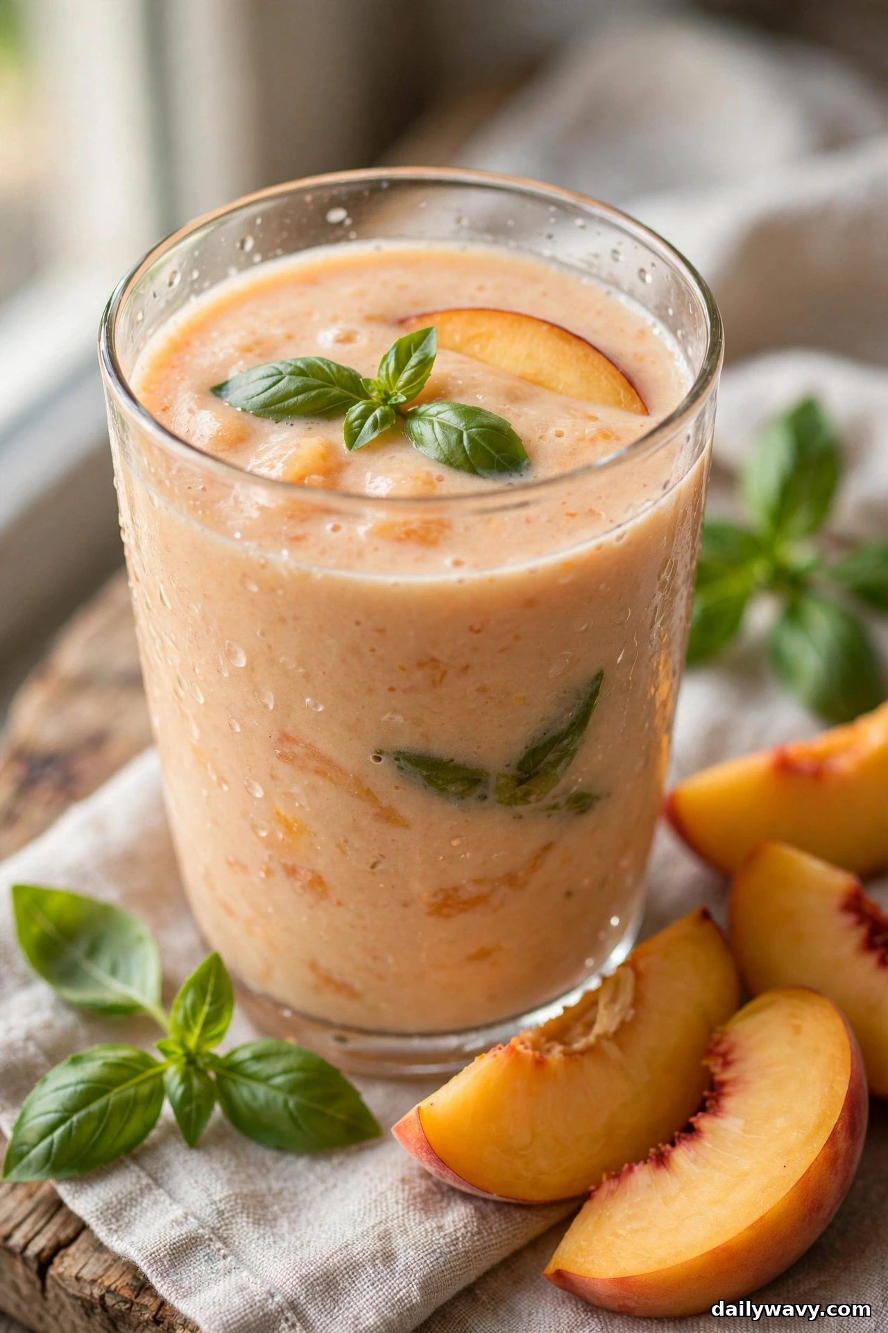 A glass of peach smoothie topped with a fresh basil sprig and a peach slice stands on a linen cloth with basil leaves and peach wedges around it