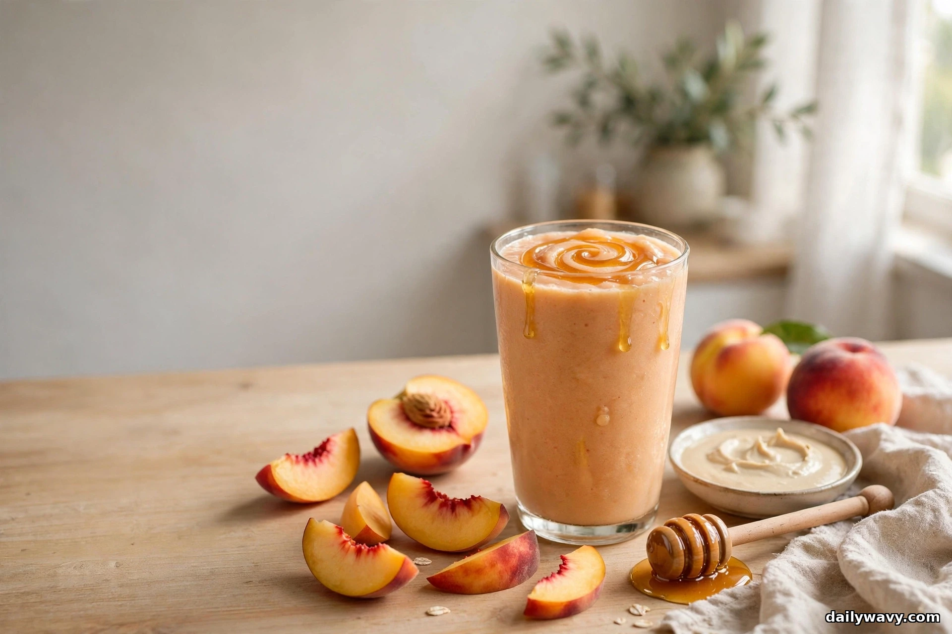 A tall glass of peach smoothie with a honey swirl dripping down the sides stands on a wooden table among fresh peach slices and whole peaches, with a small dish of tahini and a honey dipper beside it