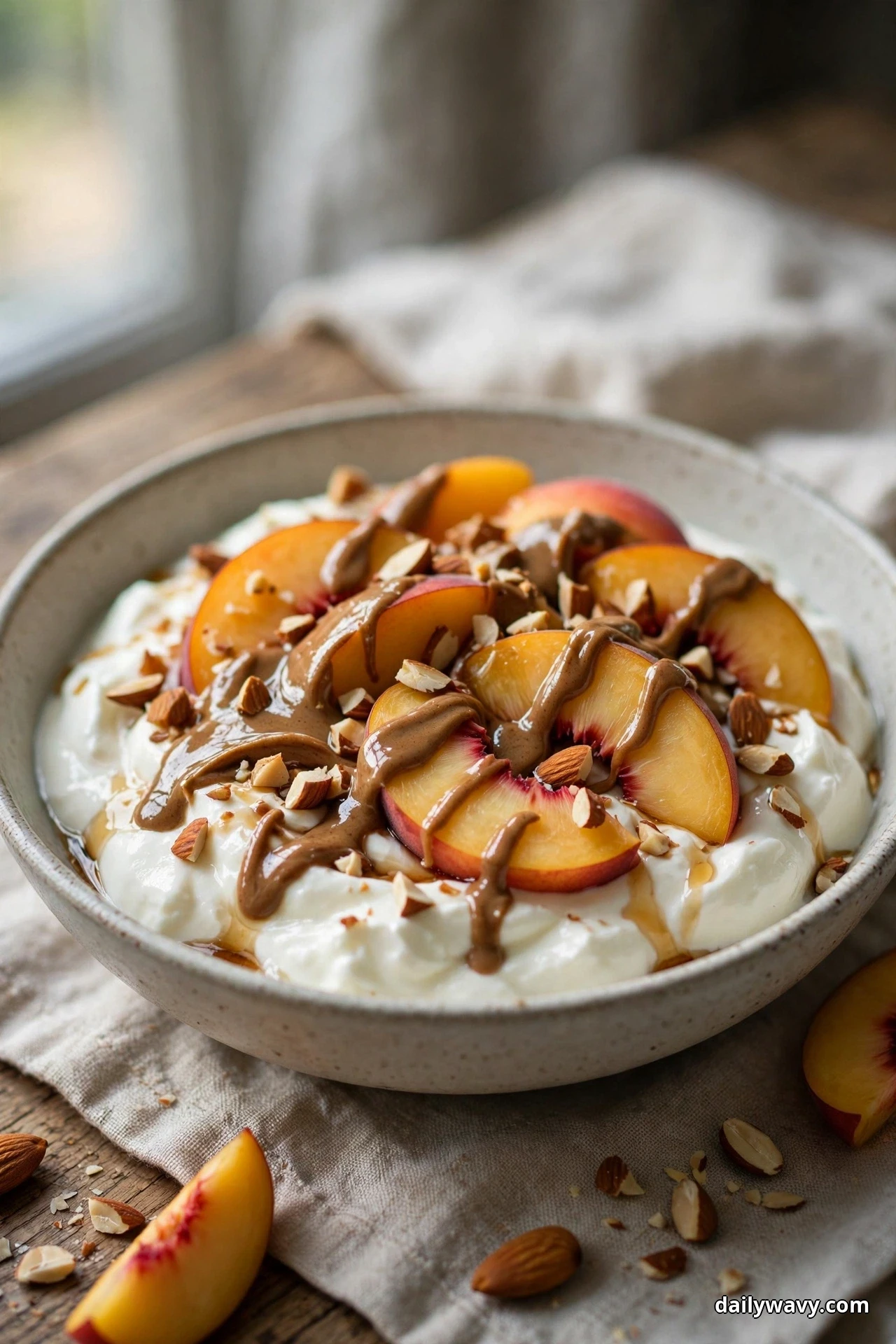 A bowl of yogurt topped with peach slices, ribbons of almond butter and chopped toasted almonds rests on a linen cloth by a window, with whole almonds and a peach wedge beside it