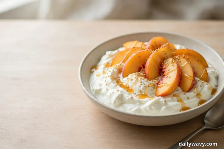 A shallow speckled bowl of thick yogurt topped with fanned peach slices, a honey drizzle and toasted sesame seeds sits on a pale wooden table with a spoon beside it