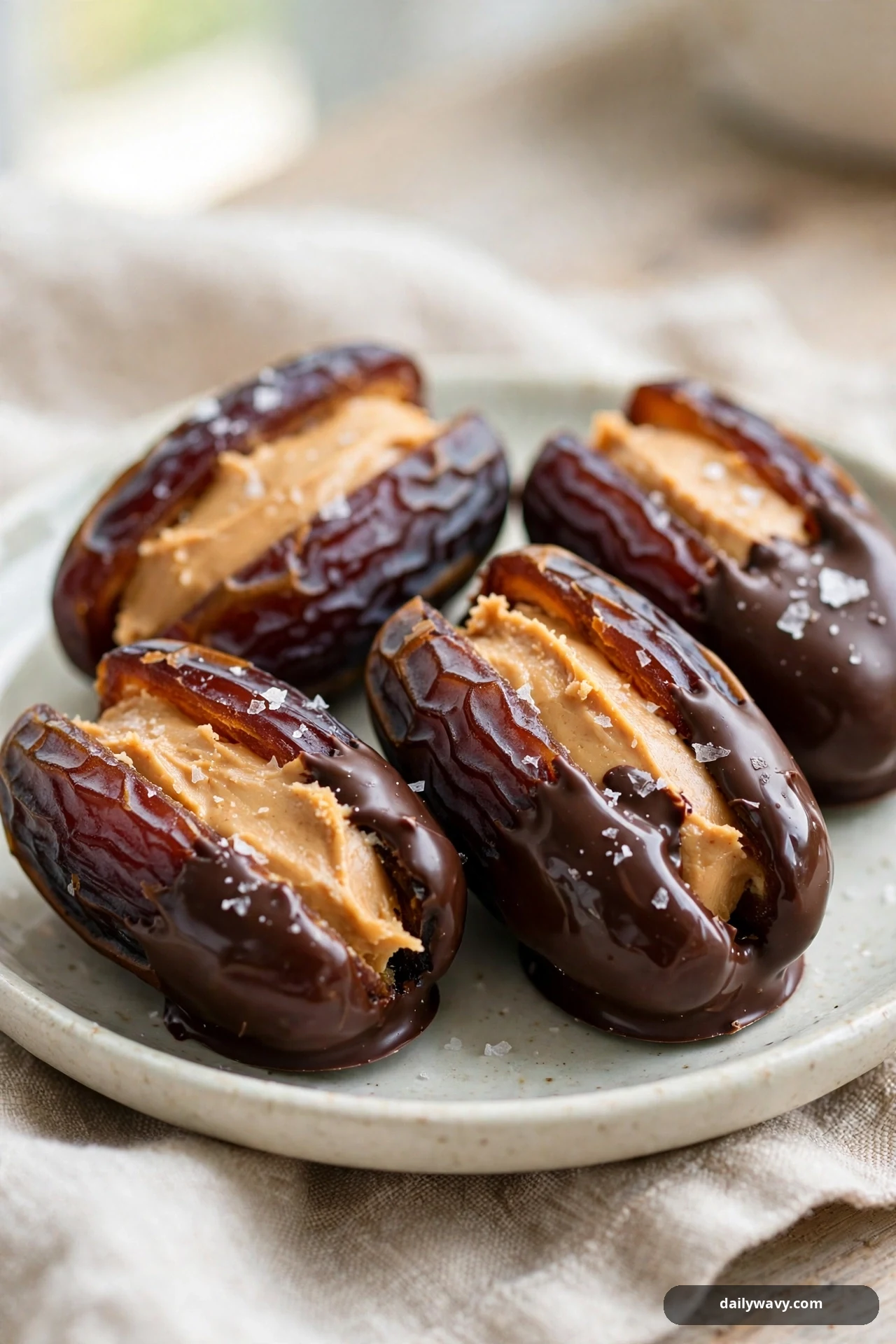 Four peanut butter filled dates half-dipped in dark chocolate and sprinkled with flaky sea salt sit on a small plate.