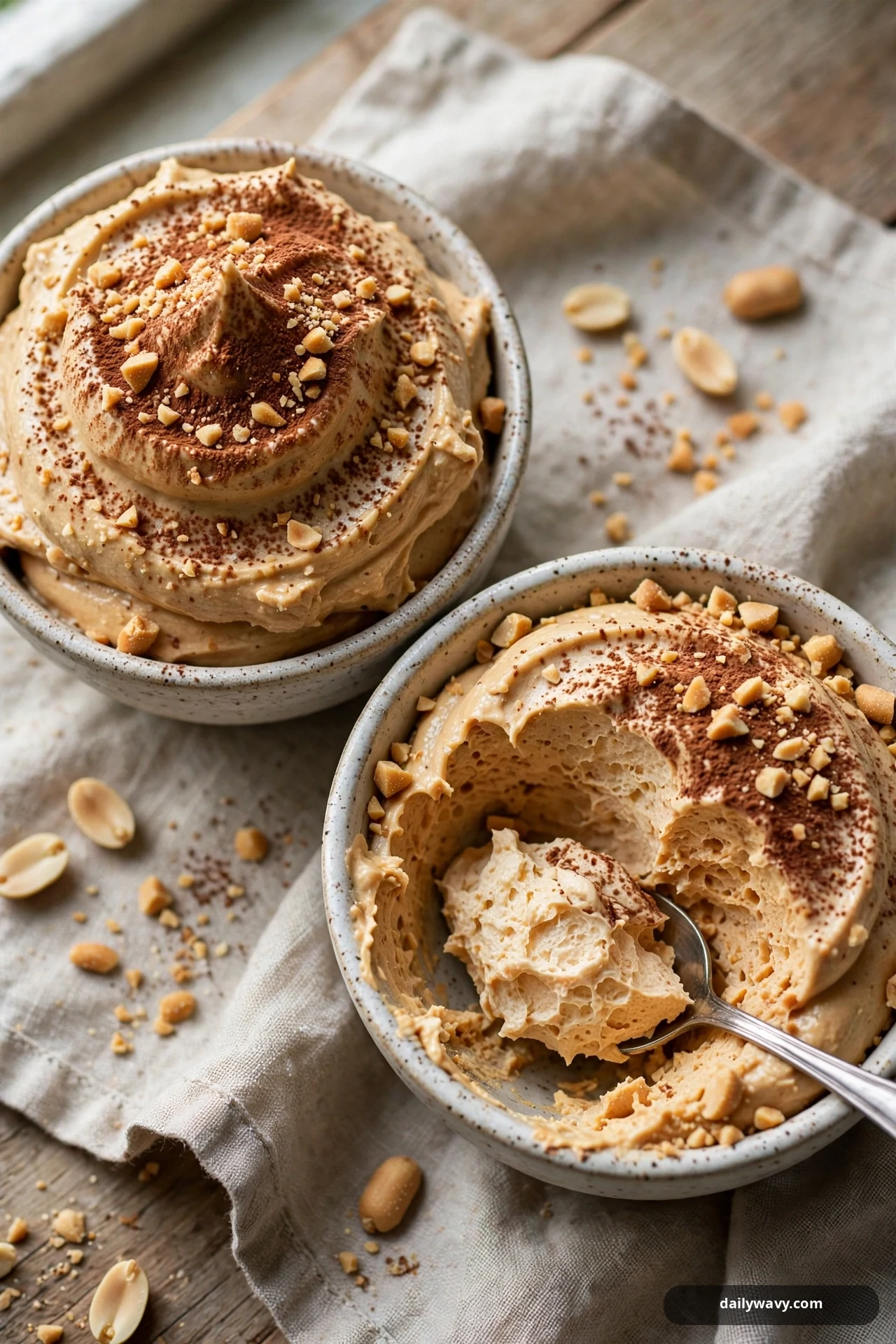 Two bowls of whipped peanut butter dessert are dusted with cocoa and crushed peanuts, with a spoon lifting a soft scoop from one bowl.