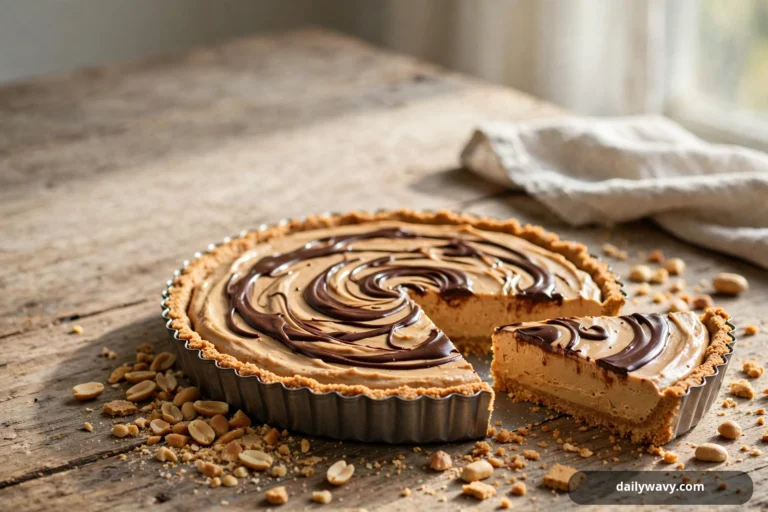 A peanut butter refrigerator tart with a chocolate swirl sits in a fluted pan on a wooden table, with one slice cut and pulled forward and shelled peanuts scattered around it.