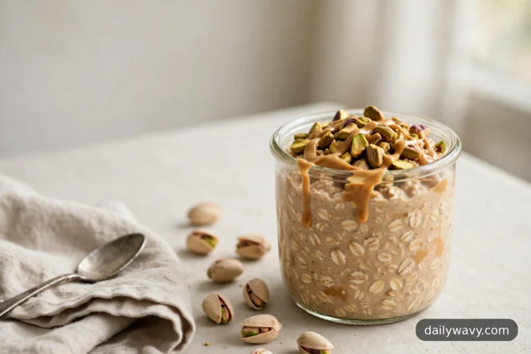 A glass jar of peanut butter overnight oats topped with chopped pistachios and a drizzle of peanut butter sits on a light table beside pistachios in their shells and a spoon resting on a linen napkin.
