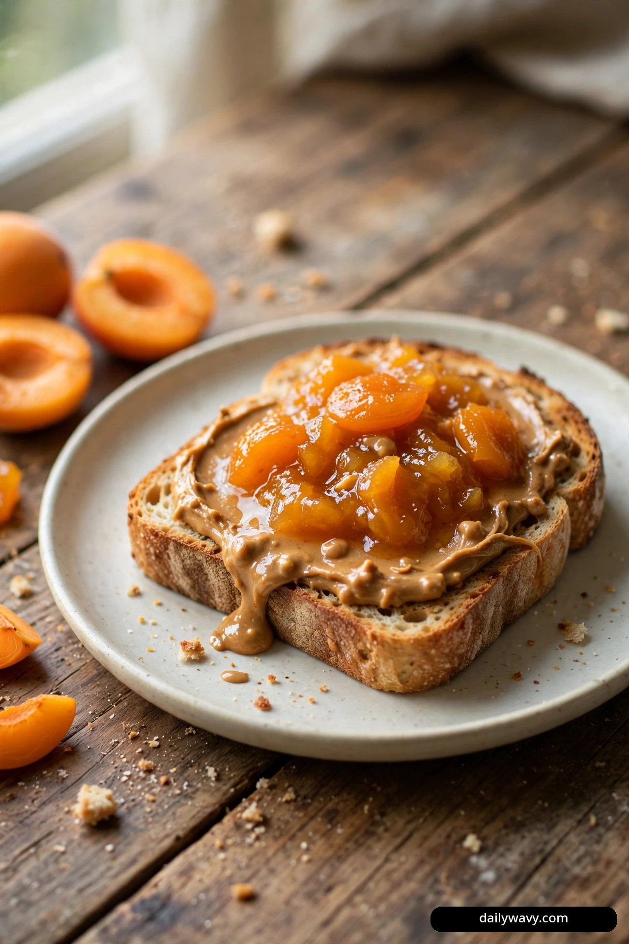 A closer view shows a slice of toasted bread spread with peanut butter that drips over the edge and is topped with glossy apricot compote, with halved apricots beside the plate.