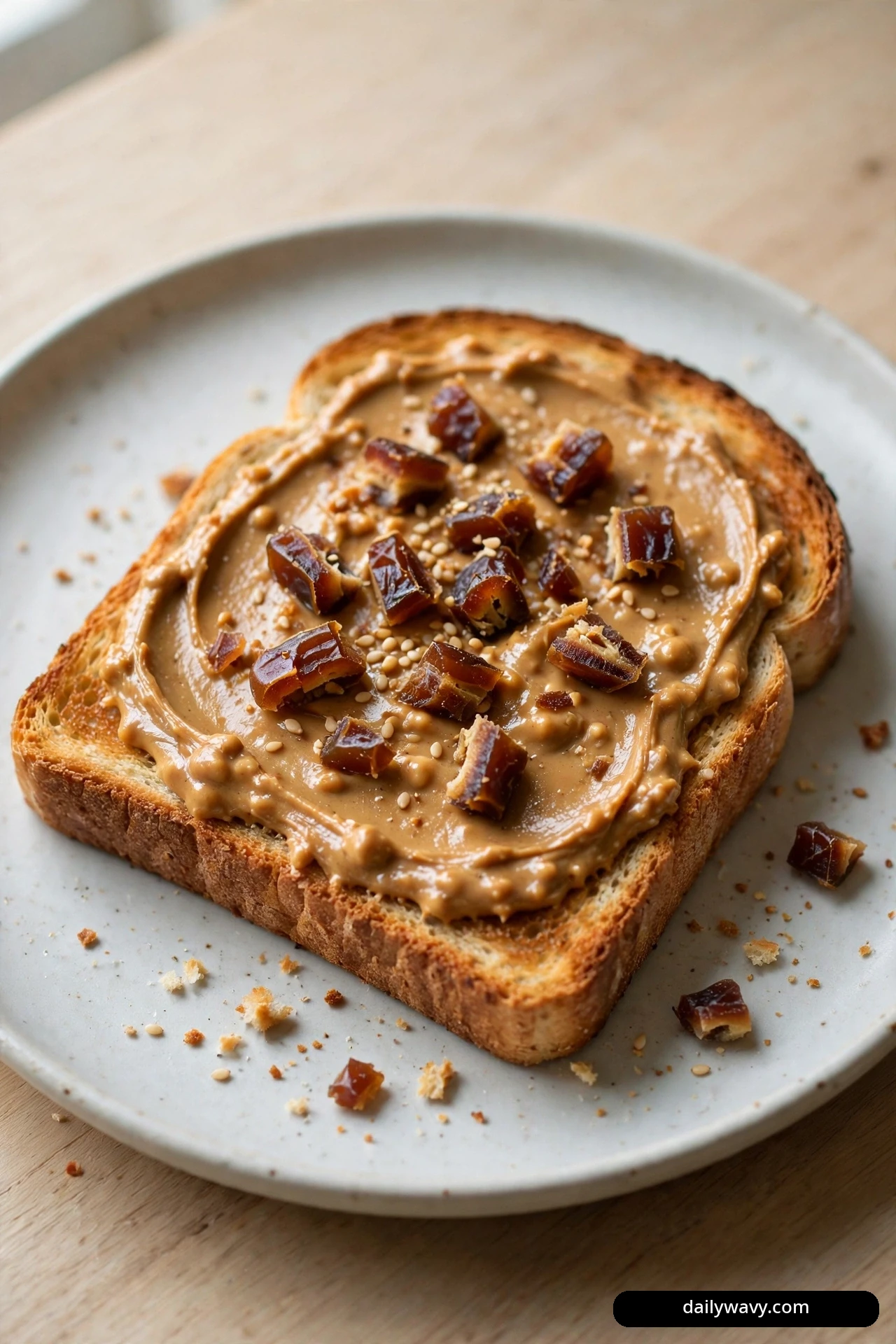 A close view shows a slice of toast spread with peanut butter and scattered with chopped dates and sesame seeds.