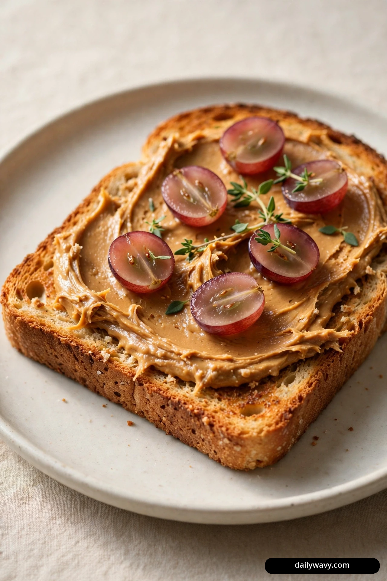 A close view shows a slice of toast spread with peanut butter and topped with halved red grapes and fresh thyme sprigs.