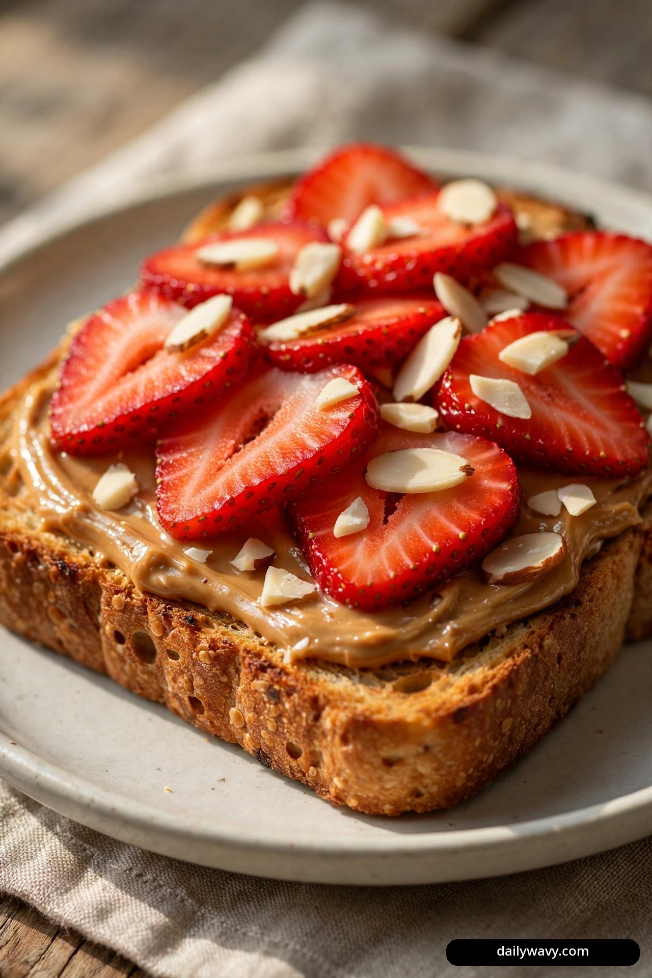 A close view shows a slice of toast spread with peanut butter and layered with strawberry slices and slivered almonds.