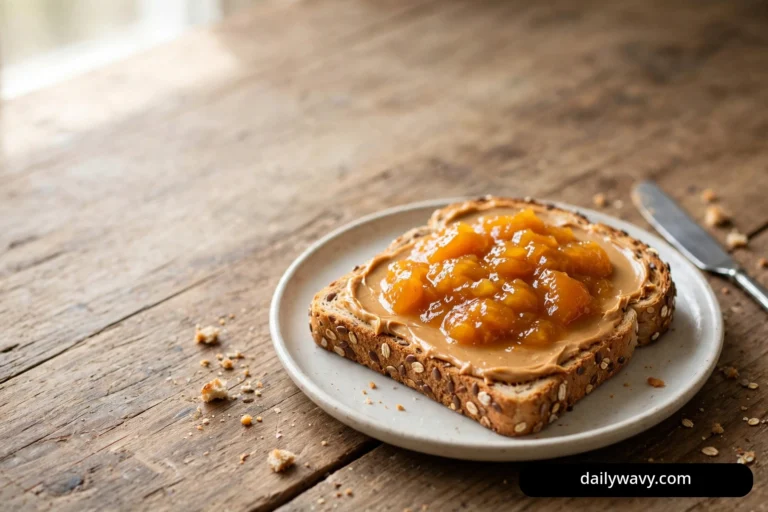 A wide view shows a slice of seeded multigrain toast spread with peanut butter and topped with chunky apricot compote on a plate over a rustic wooden table.