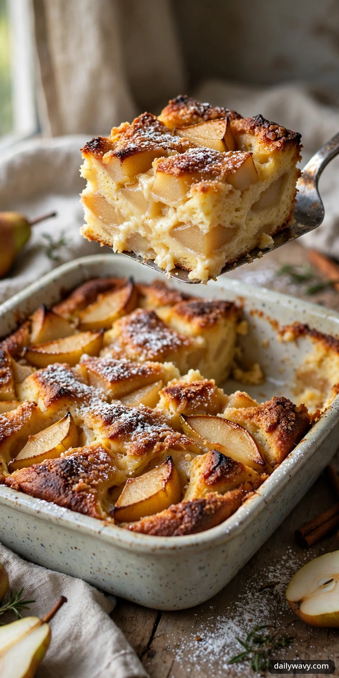 Pear bread pudding with golden top and custardy interior