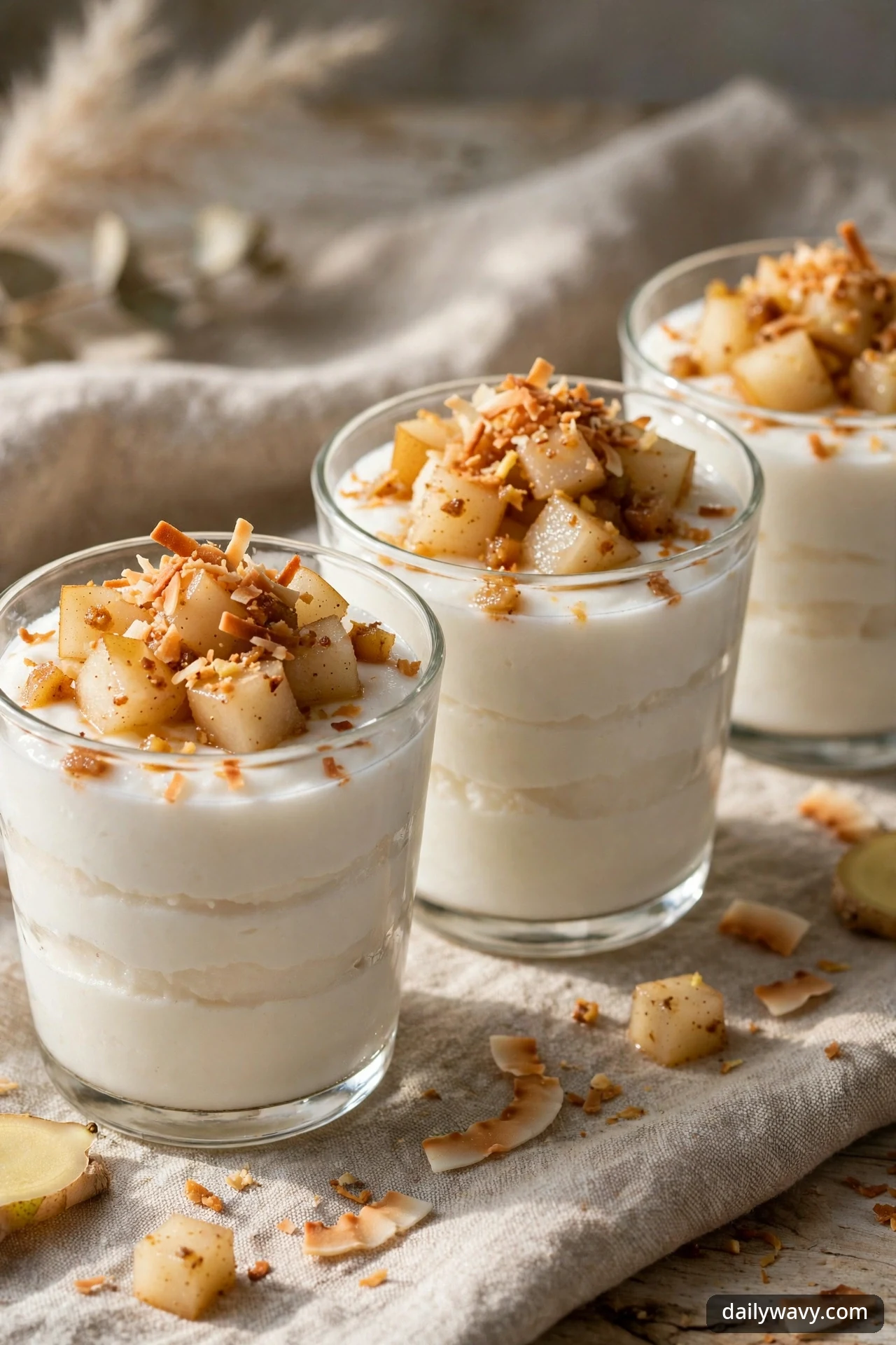 Coconut pudding cups topped with spiced diced pears