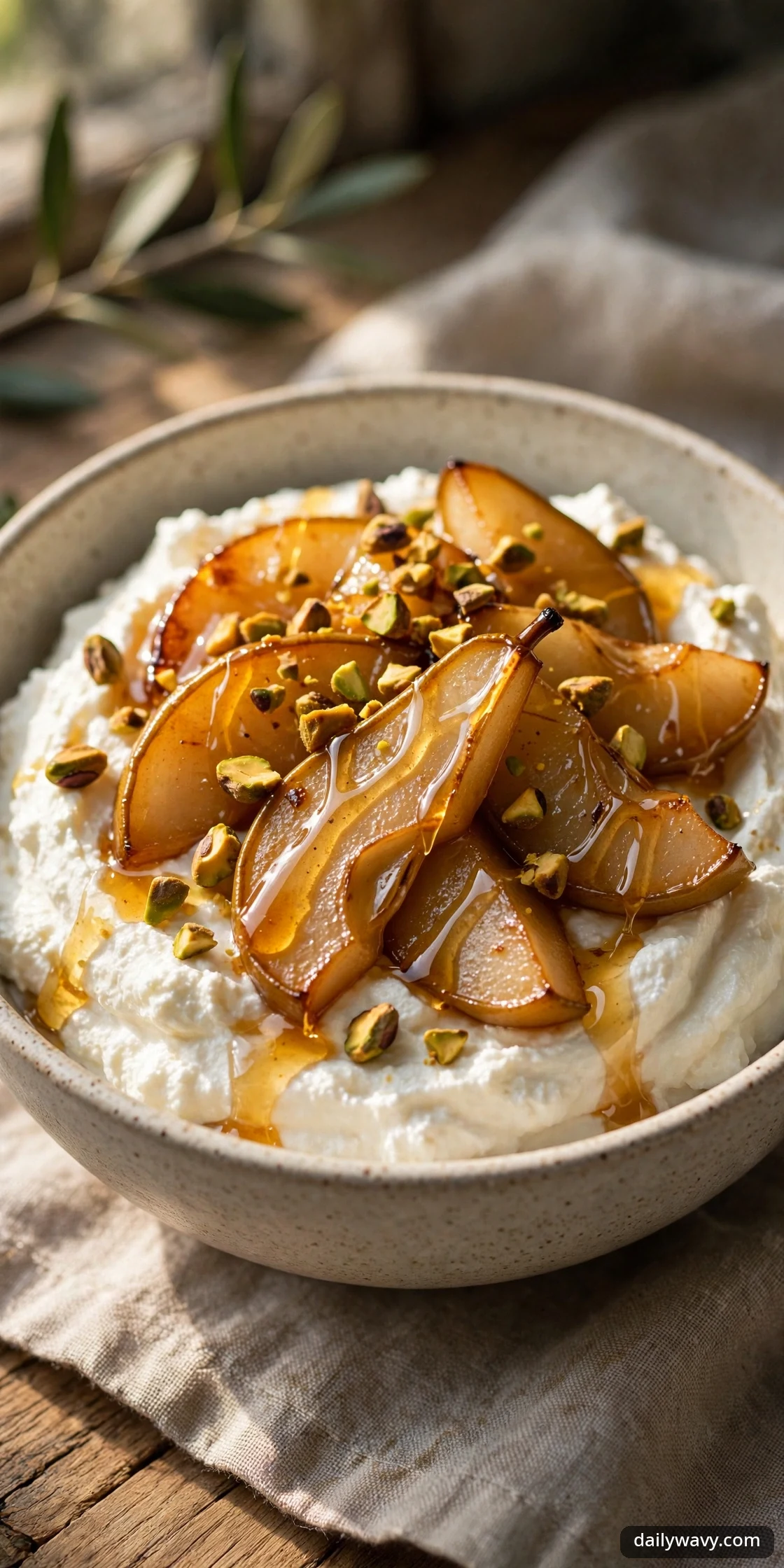 Whipped ricotta bowl with warm caramelized pears and pistachios