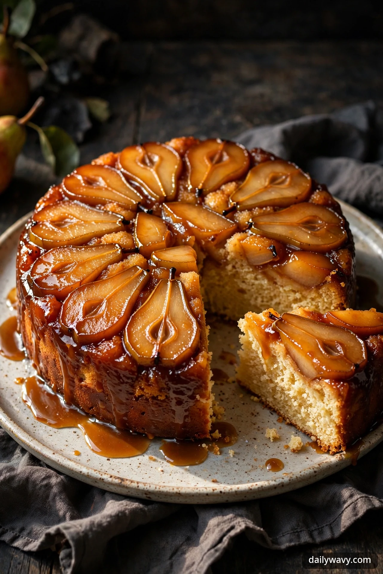 Pear upside-down cake with caramelized pear topping