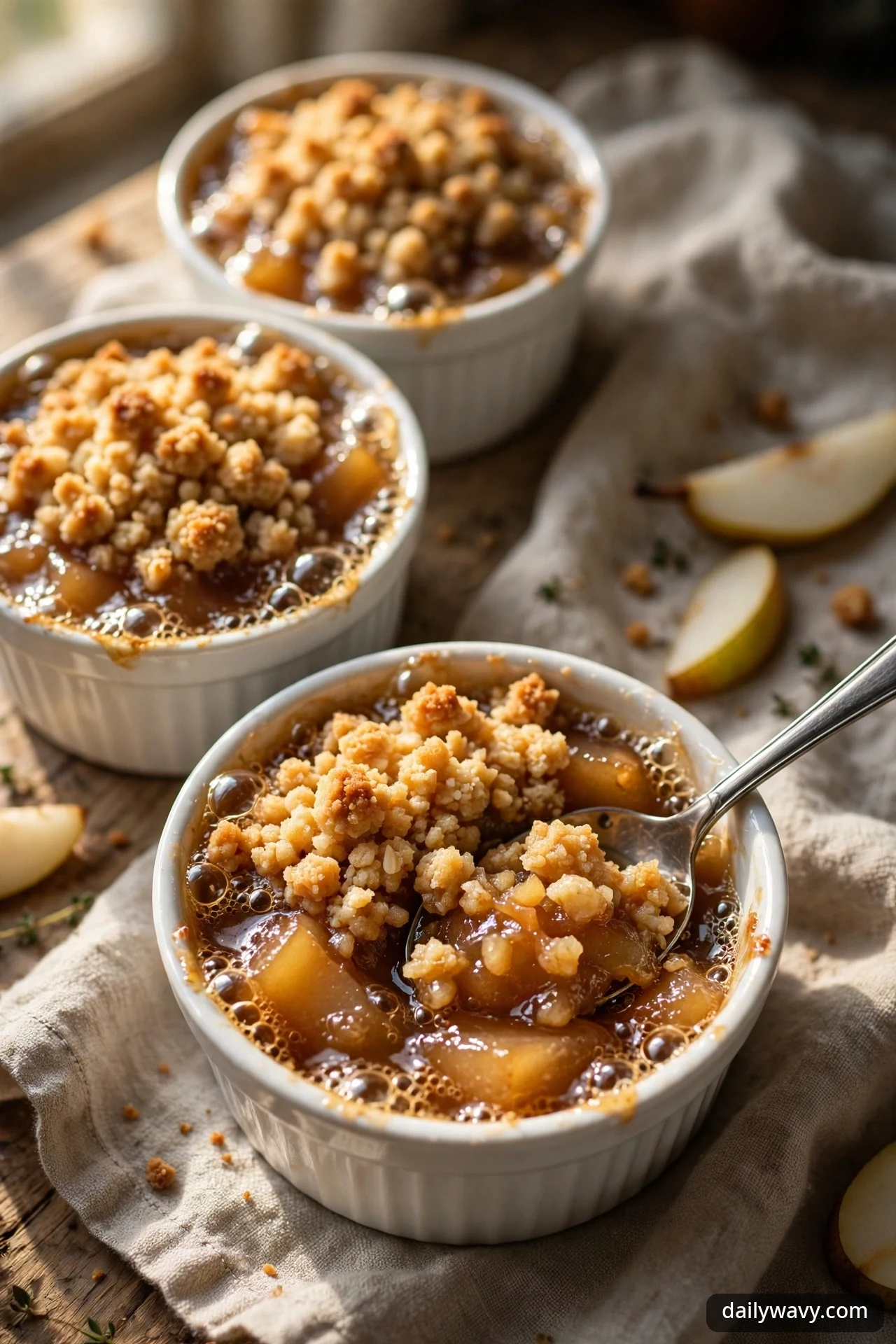 Individual pear crumble ramekins with golden buttery topping