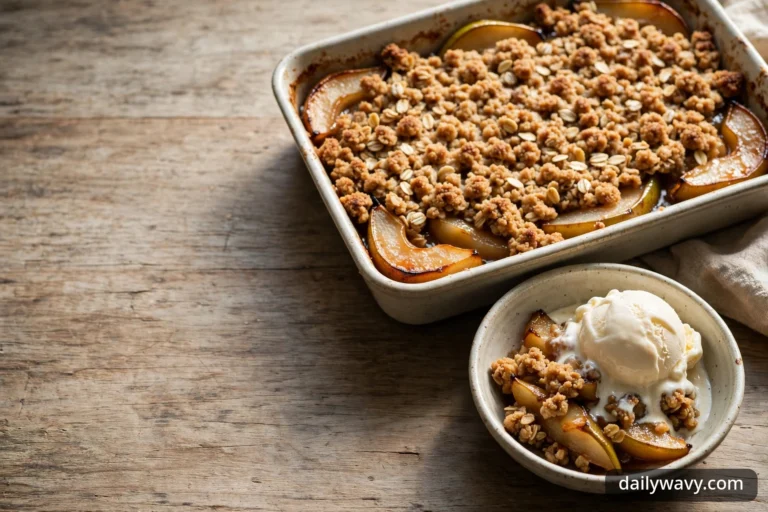 Pear oat crisp with golden topping served in a bowl with vanilla ice cream