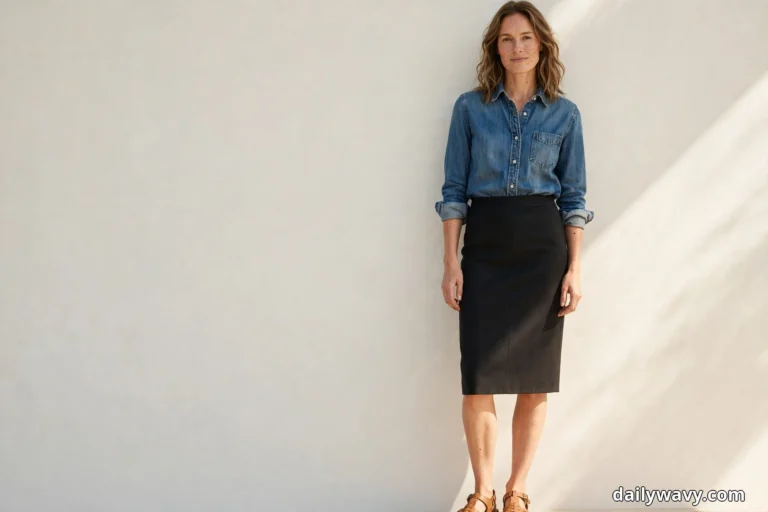 A woman stands full length against a plain sunlit wall wearing a medium-wash denim shirt with rolled sleeves over a black knee-length pencil skirt, with tan leather sandals below the hem