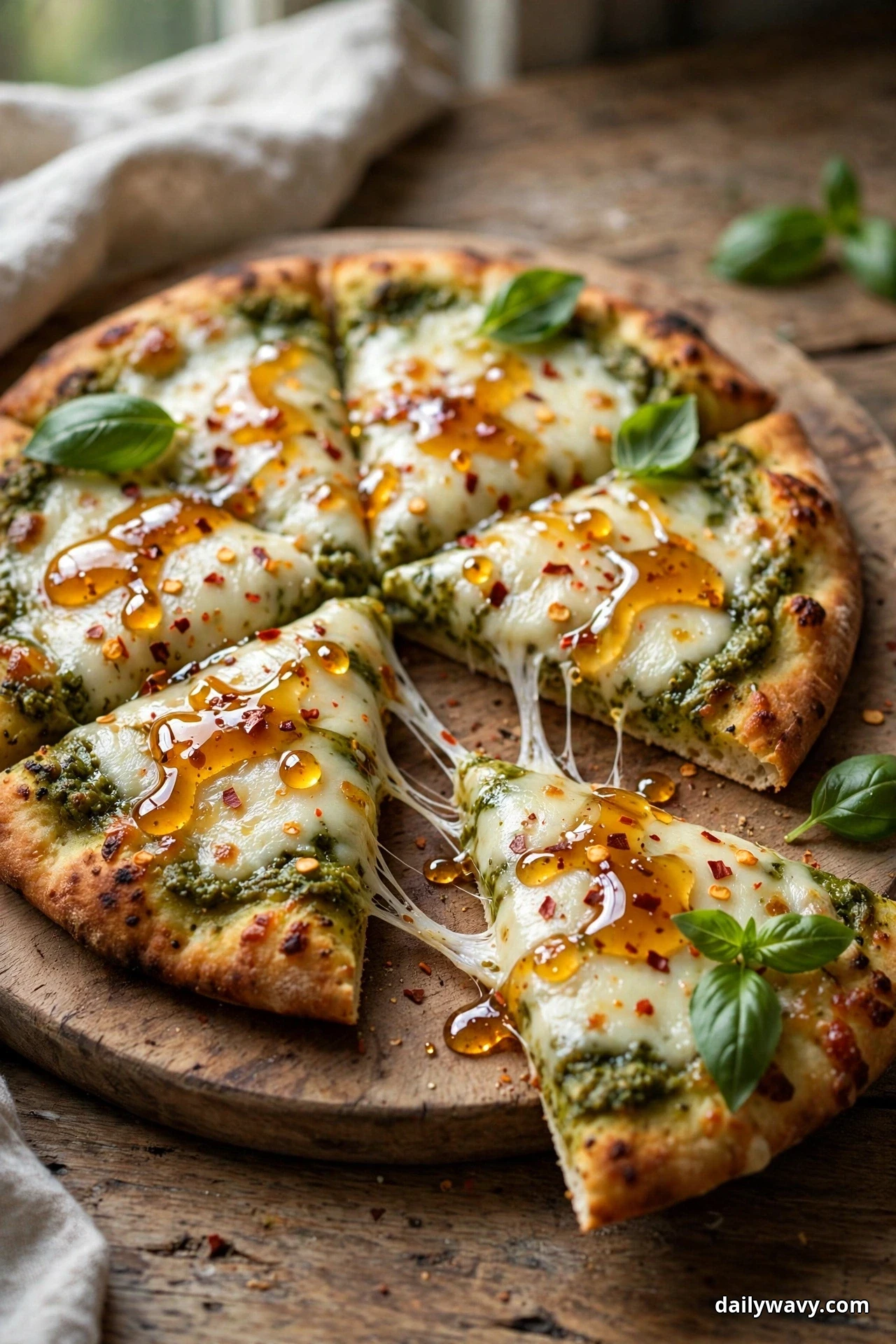 A closer view shows a wedge of pesto flatbread being pulled from the round with strands of melted mozzarella stretching between them, under glossy pools of chili honey, red chili flakes, and fresh basil leaves