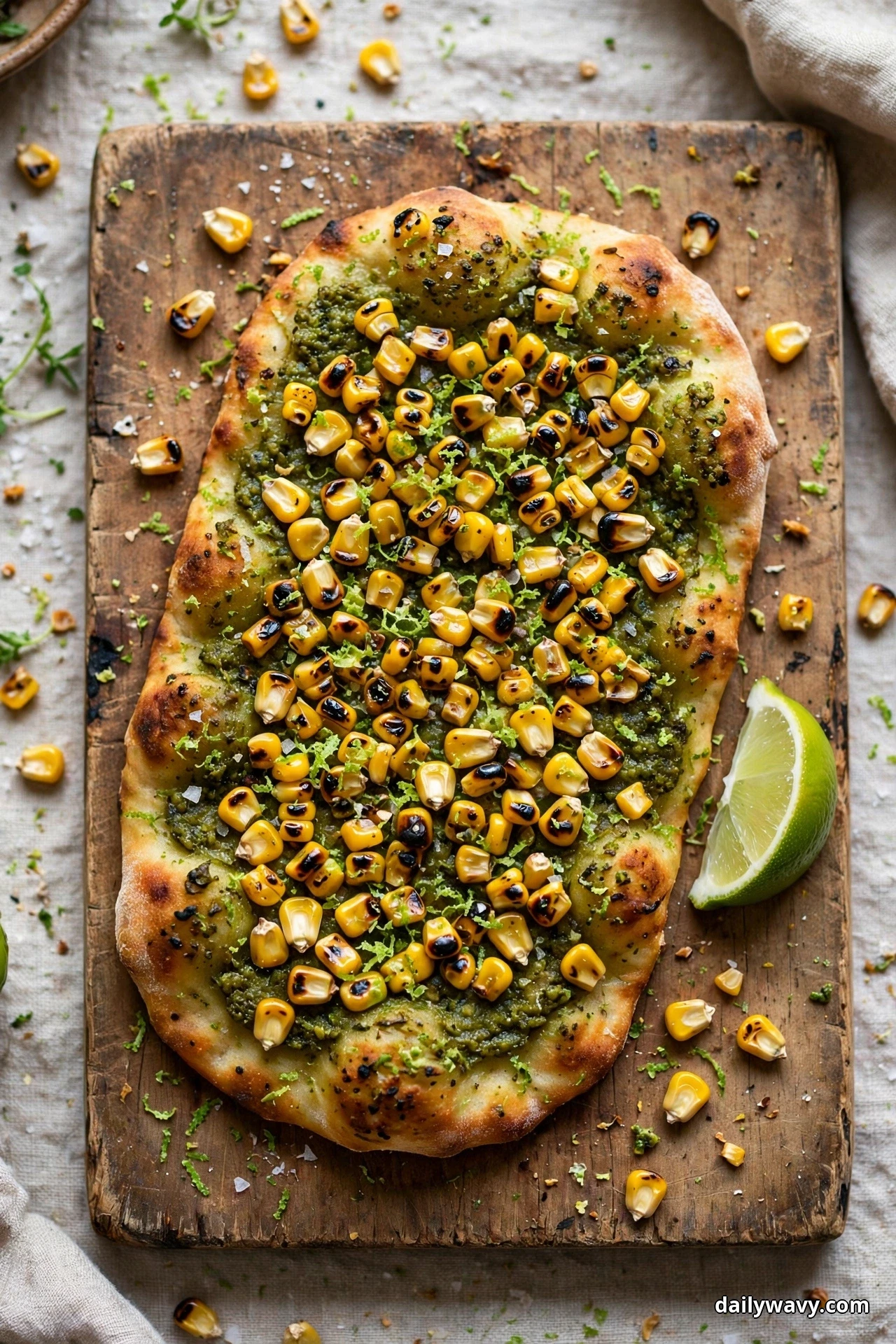 An overhead view shows an oval pesto flatbread covered with charred corn kernels and chopped cilantro on a wooden board, with a lime wedge resting beside it