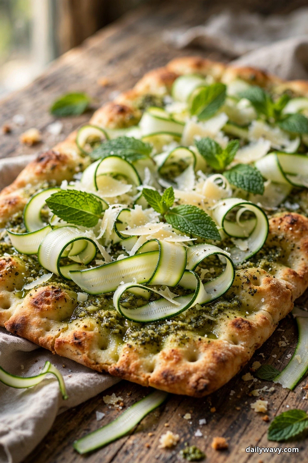 Thin zucchini ribbons curl over a rectangular pesto flatbread with fresh mint leaves and shaved parmesan scattered across the top