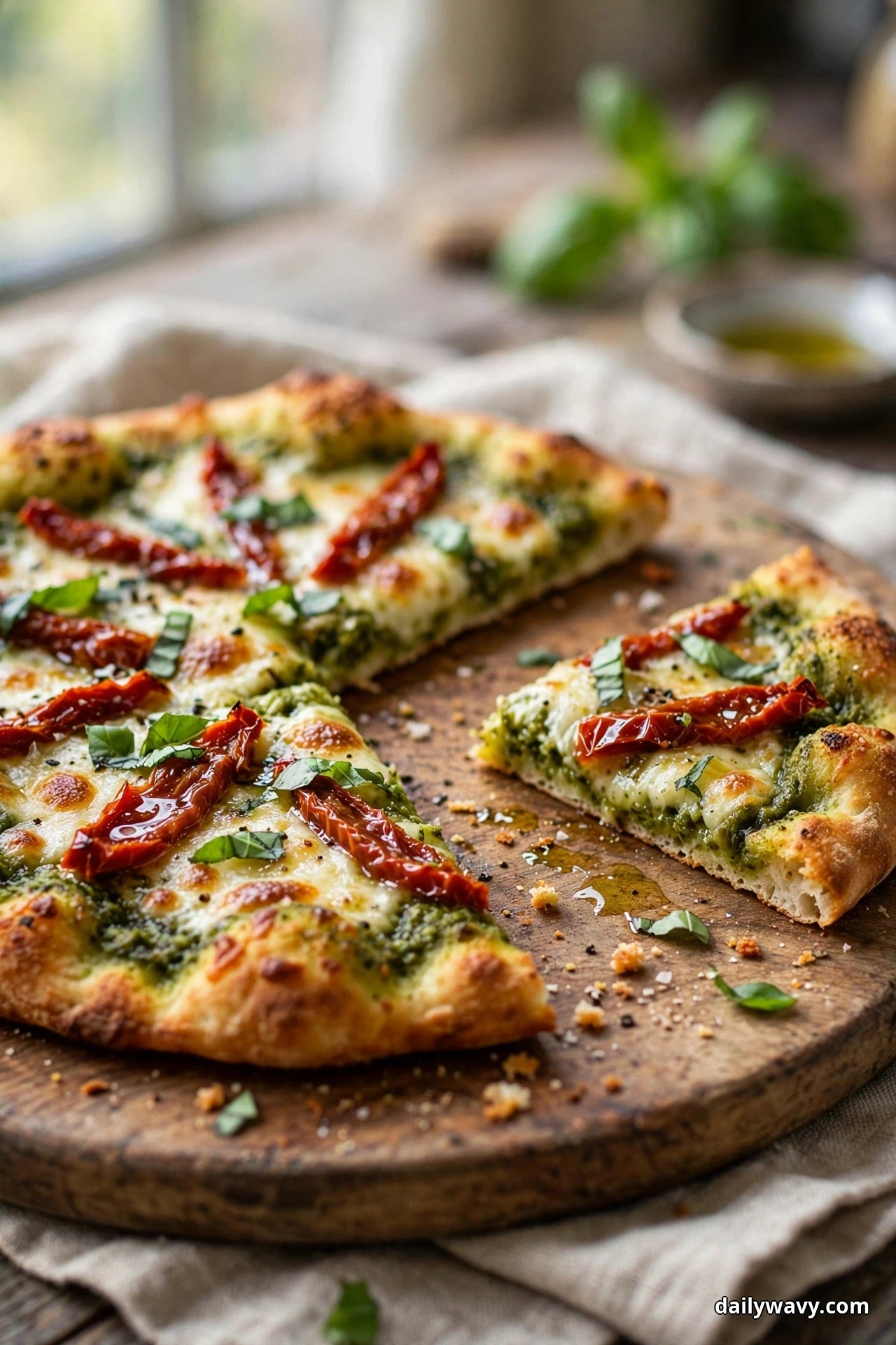 Strips of sun-dried tomato lie over melted mozzarella and pesto on a sliced flatbread resting on a round wooden board, with torn basil leaves scattered over the top