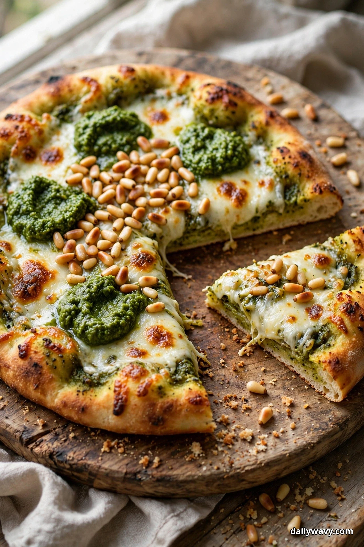 Fresh pesto dollops and a generous scattering of toasted pine nuts cover a mozzarella flatbread on a round wooden board, with one wedge pulled away