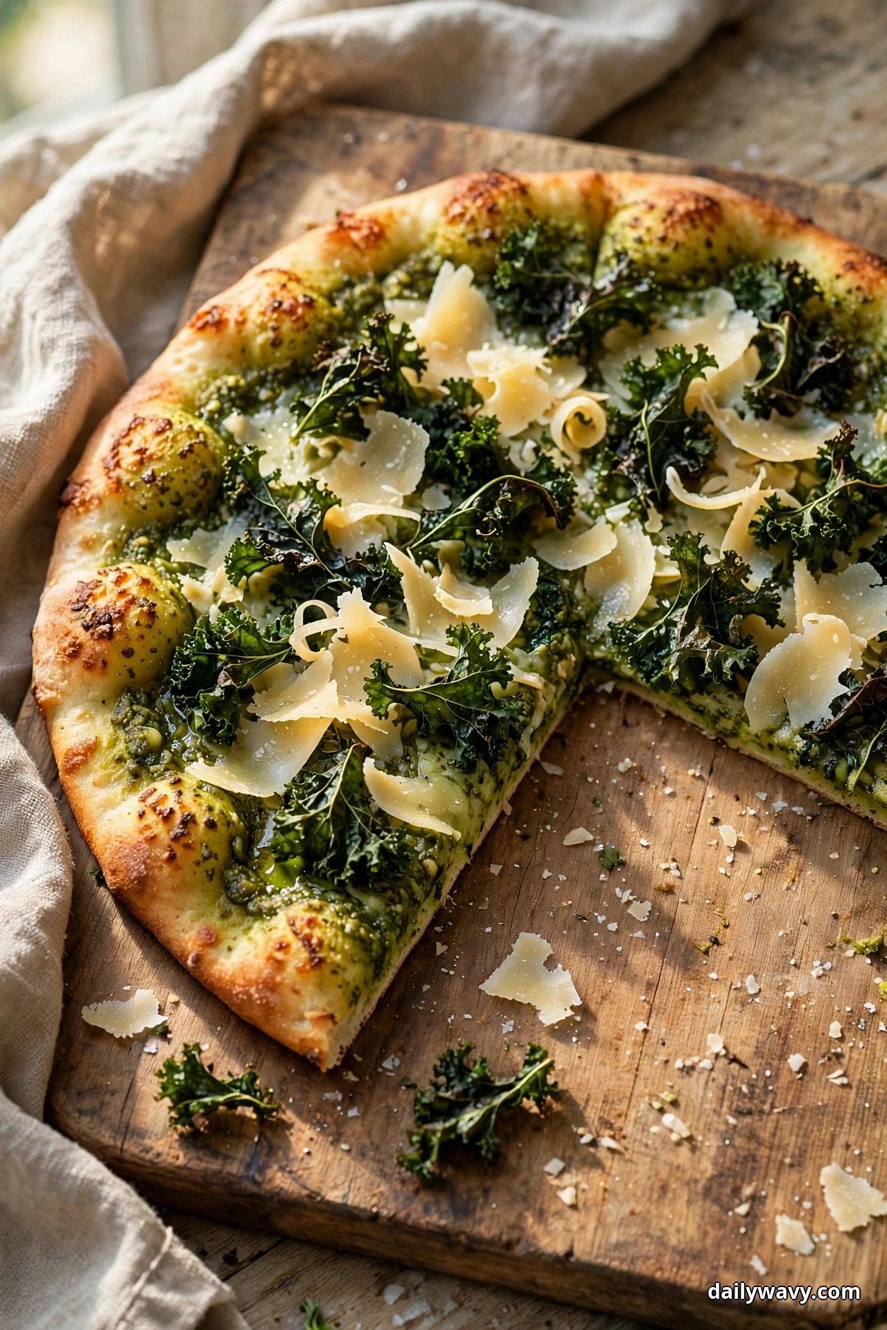 Crisped kale leaves and wide parmesan shavings cover a long pesto flatbread on a wooden board, with one wedge removed