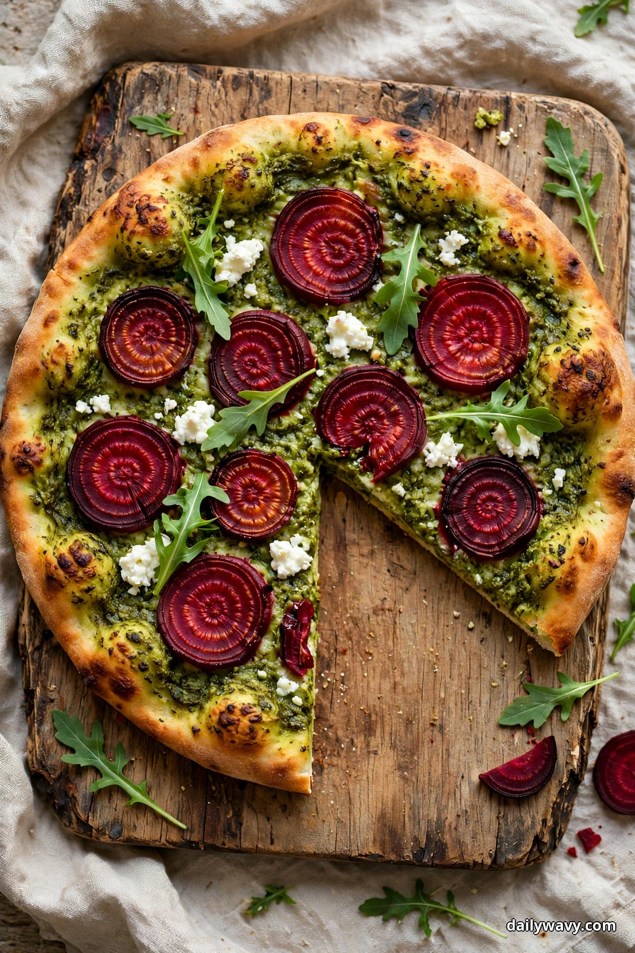 An overhead view shows a round pesto flatbread topped with neat rounds of roasted beet, crumbled goat cheese, and arugula leaves, with one wedge missing
