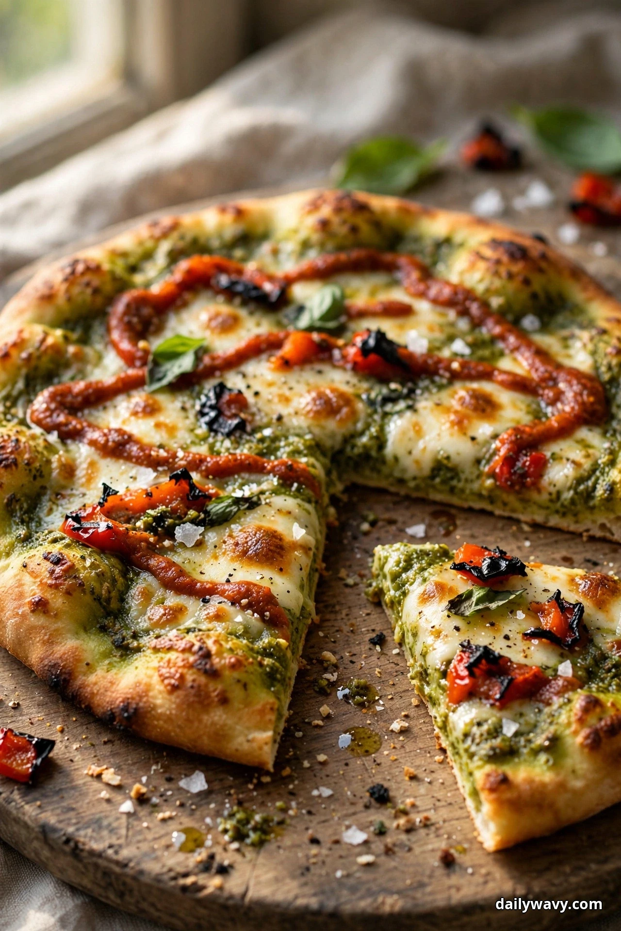 A zigzag of red pepper sauce crosses melted mozzarella and pesto on a round flatbread, with one wedge cut and set apart on the wooden board
