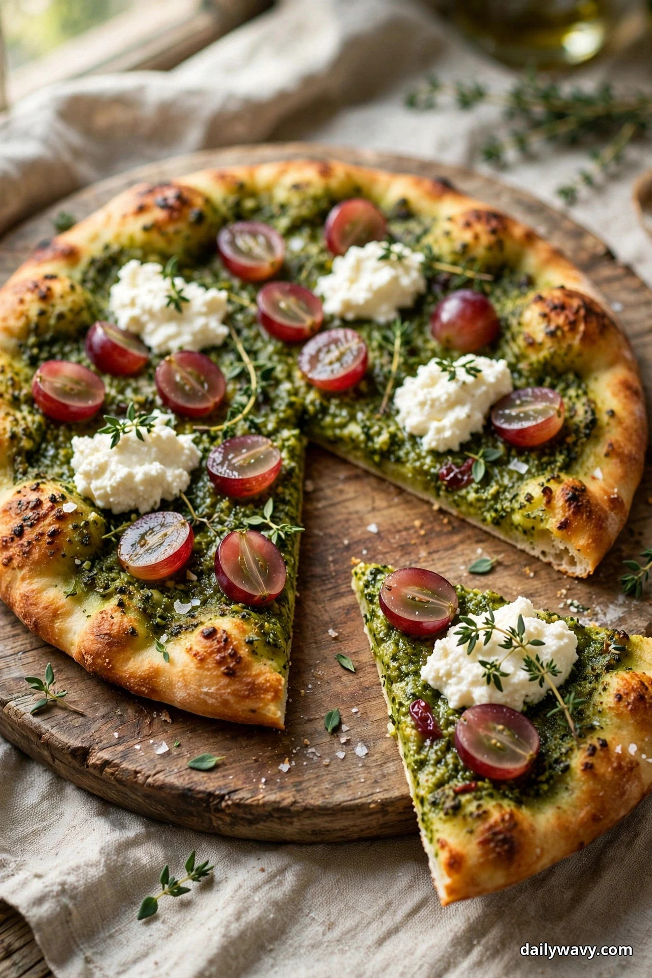 Halved red grapes, dollops of ricotta, and fresh thyme sprigs top a round pesto flatbread, with one wedge pulled out onto the board