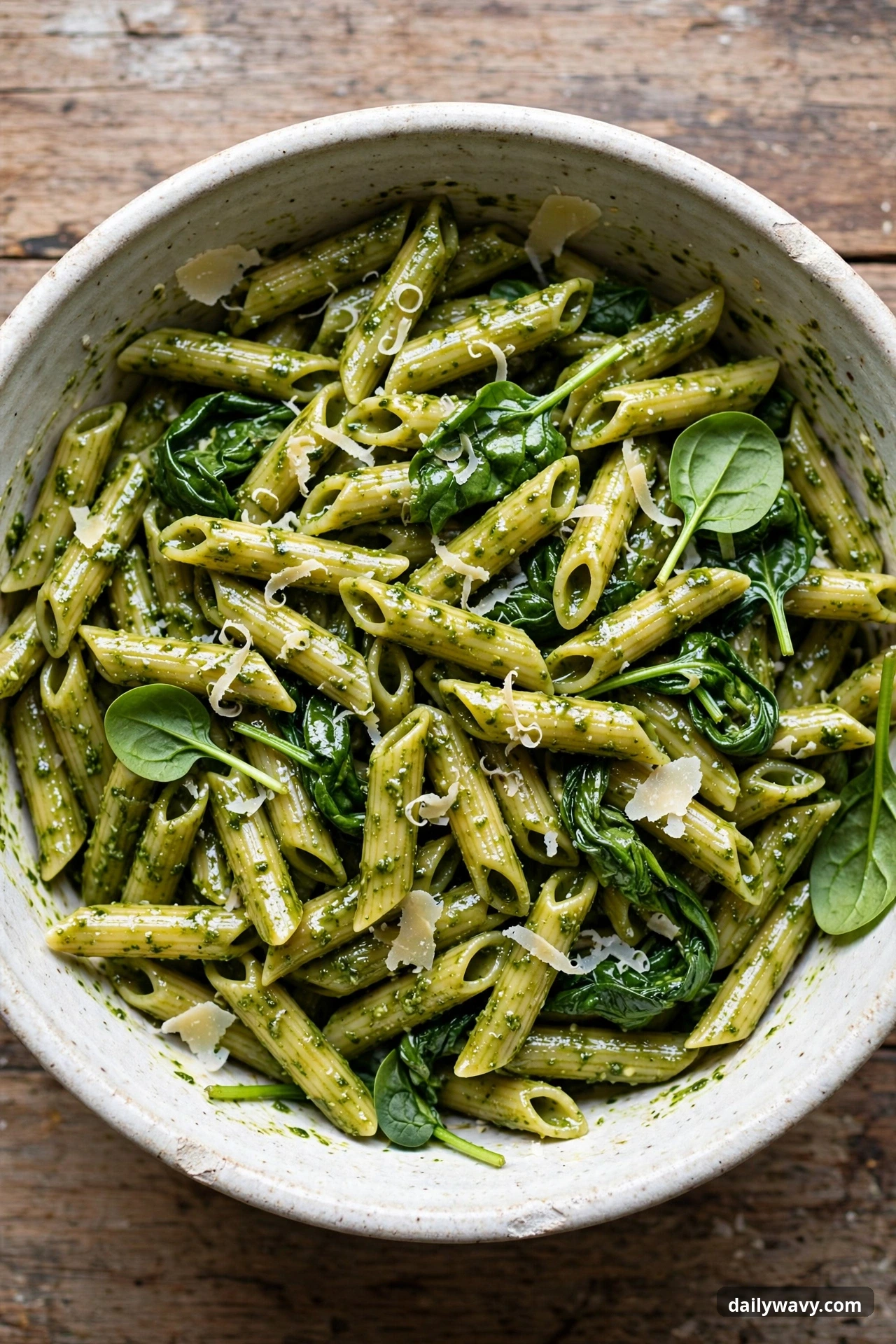 Pesto pasta salad with penne and spinach in a mixing bowl