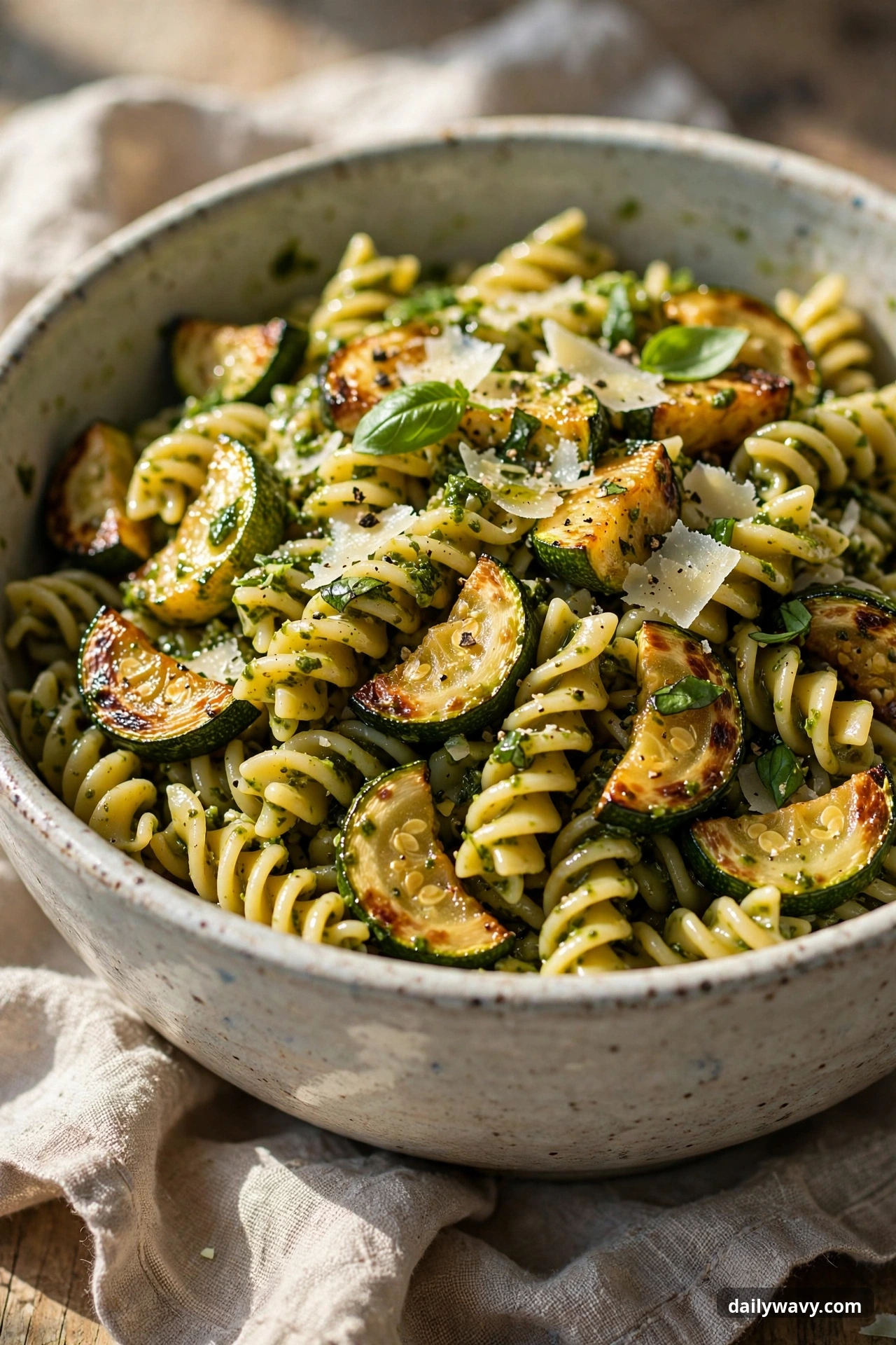 Pesto pasta salad with fusilli and zucchini in a mixing bowl