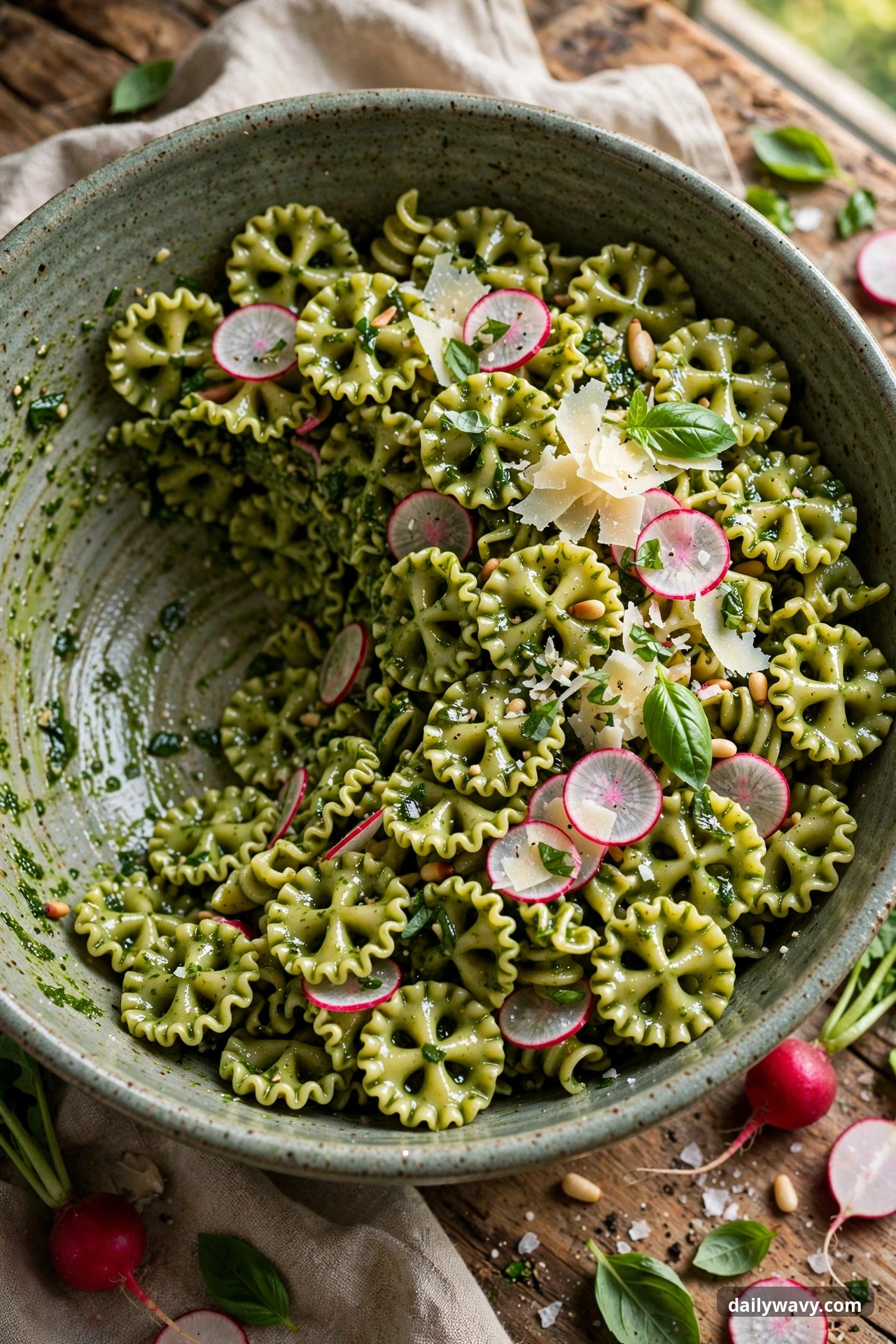 Pesto pasta salad with radiatori and radish in a mixing bowl