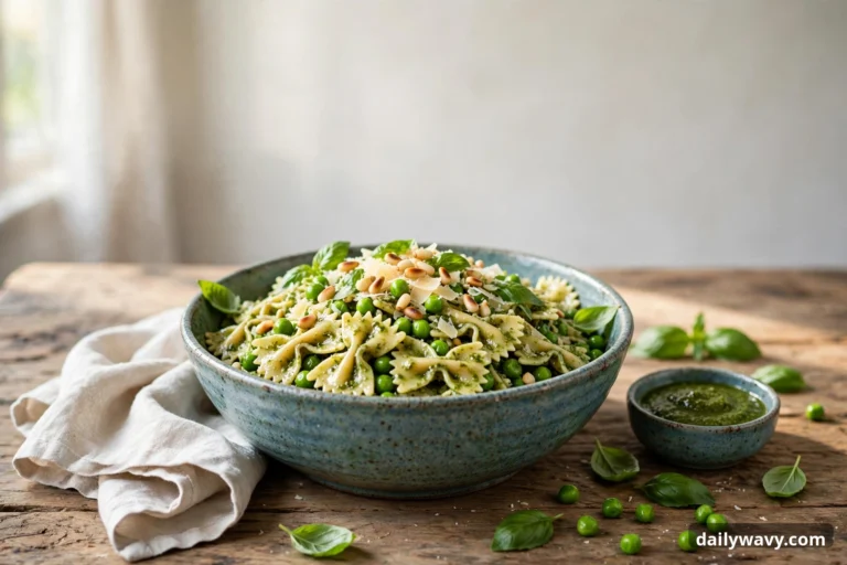 Pesto pasta salad shown in a complete styled scene